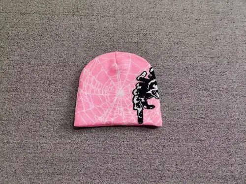 Japanese Brand Spider Web Graphic No Cuff Beanie Hat Pink Size ONE SIZE - 1 Thumbnail