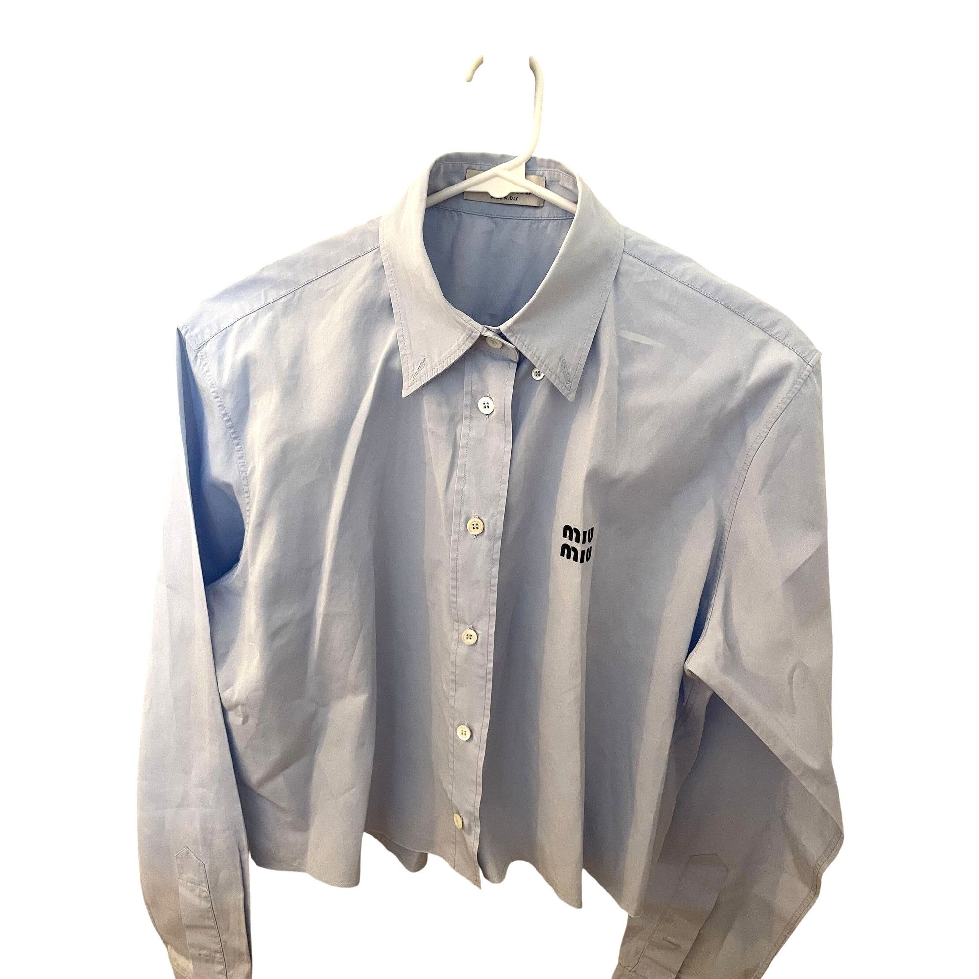 Miu Miu Miu Miu Light Blue Button-Up Shirt With Embroidered Logo Lon Size S / US 4 / IT 40 - 1 Thumbnail