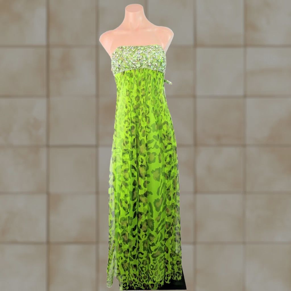 Vintage Jovani Sweetheart Maxi Dress Leopard Print Tulle Sequin Ombre Crepe Party Prom Green 2 Womens Dress Size XS / US 0-2 / IT 36-38 - 1 Thumbnail