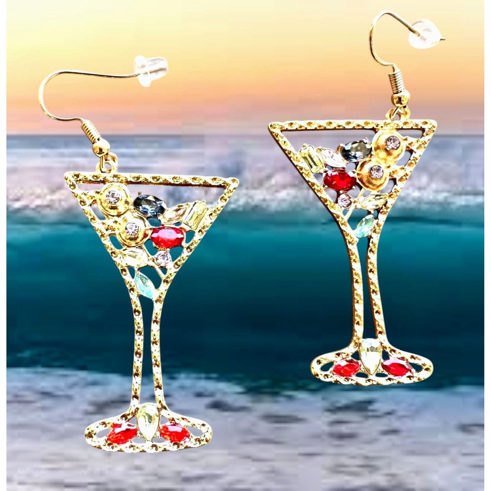 Handmade Cocktail Drink Earrings Martini Rhinestones Cruise Beach Isl Size ONE SIZE - 3 Thumbnail