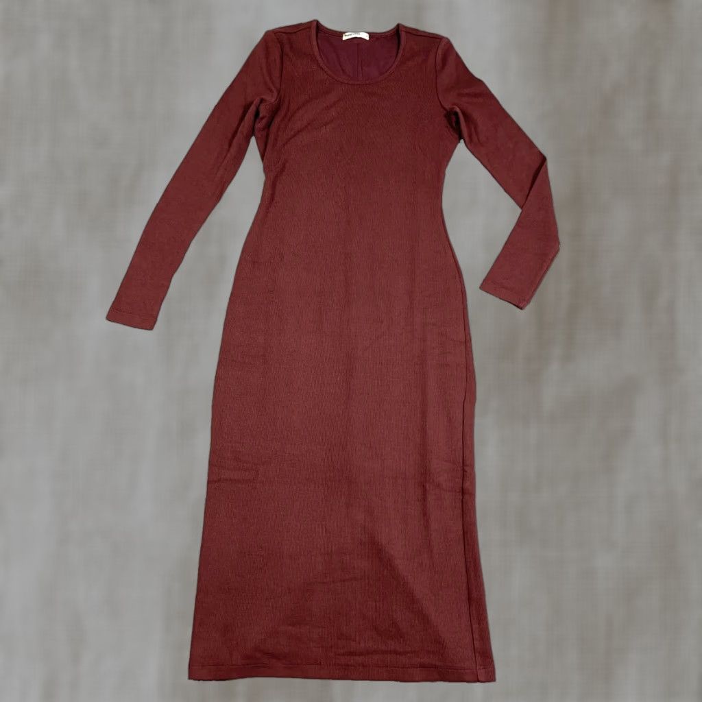 Marine Layer Dress Women Small Lexi Rib Bodycon Maroon Long Sleeve Doublecloth Maxi Knit Layered Minimalist Handwash Machine Washable