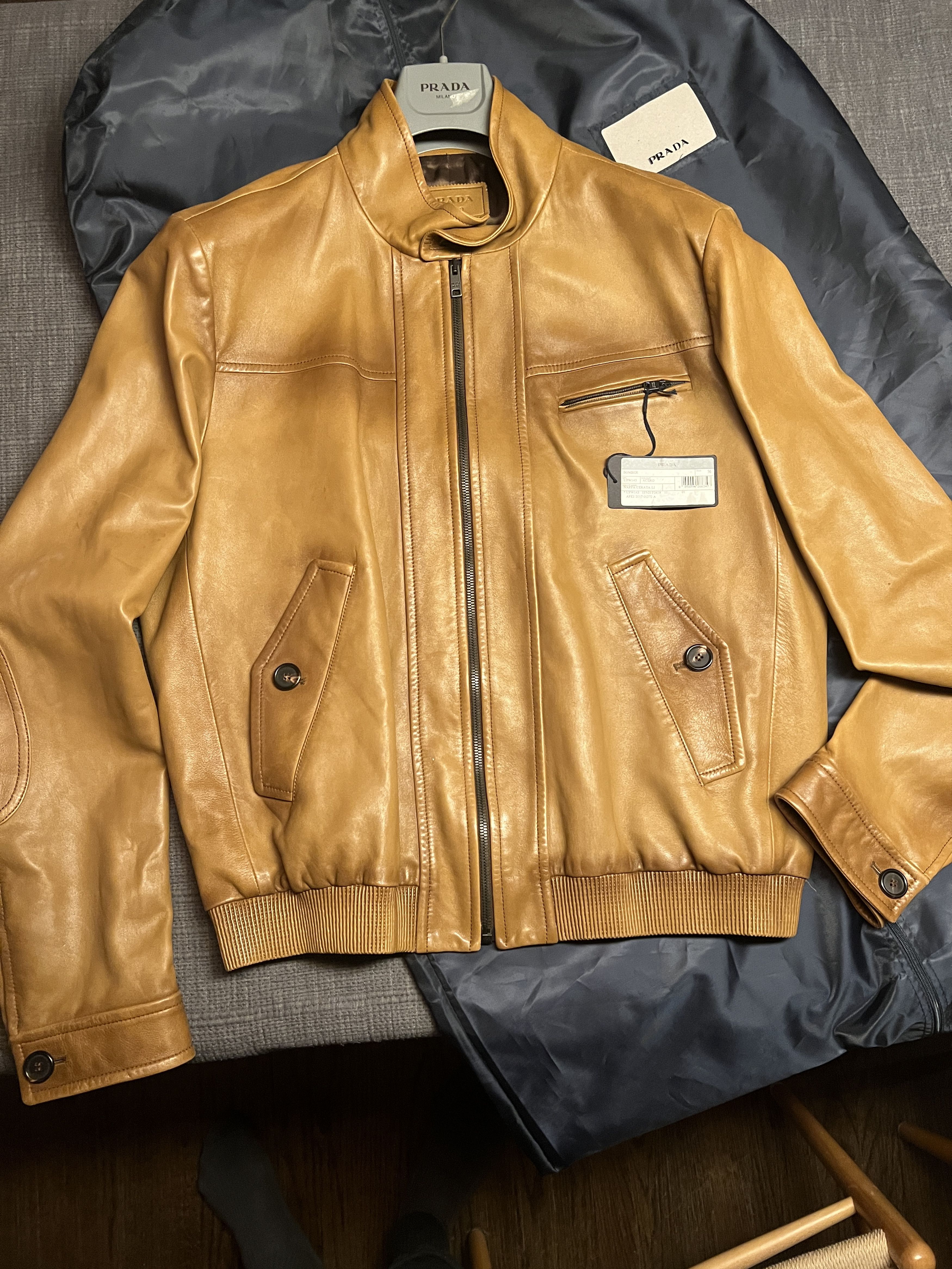 image of Prada Burnished Nappa Leather Bomber in Cognac, Men's (Size XL)