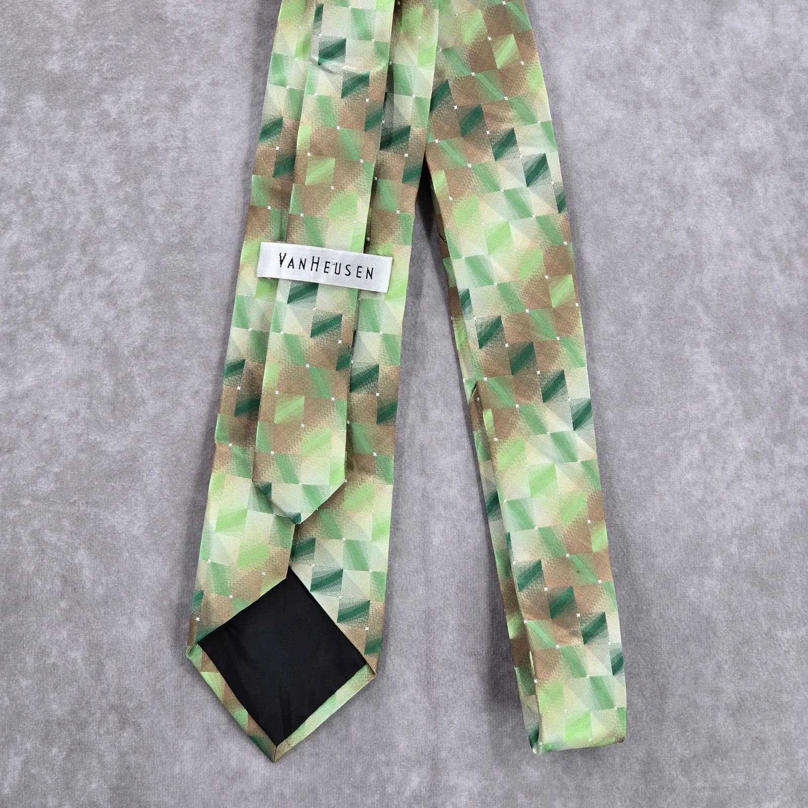 Van Heusen Van Heusen Green Brown Geometric Checkered Silk Neck Tie Size 30 - 3 Thumbnail