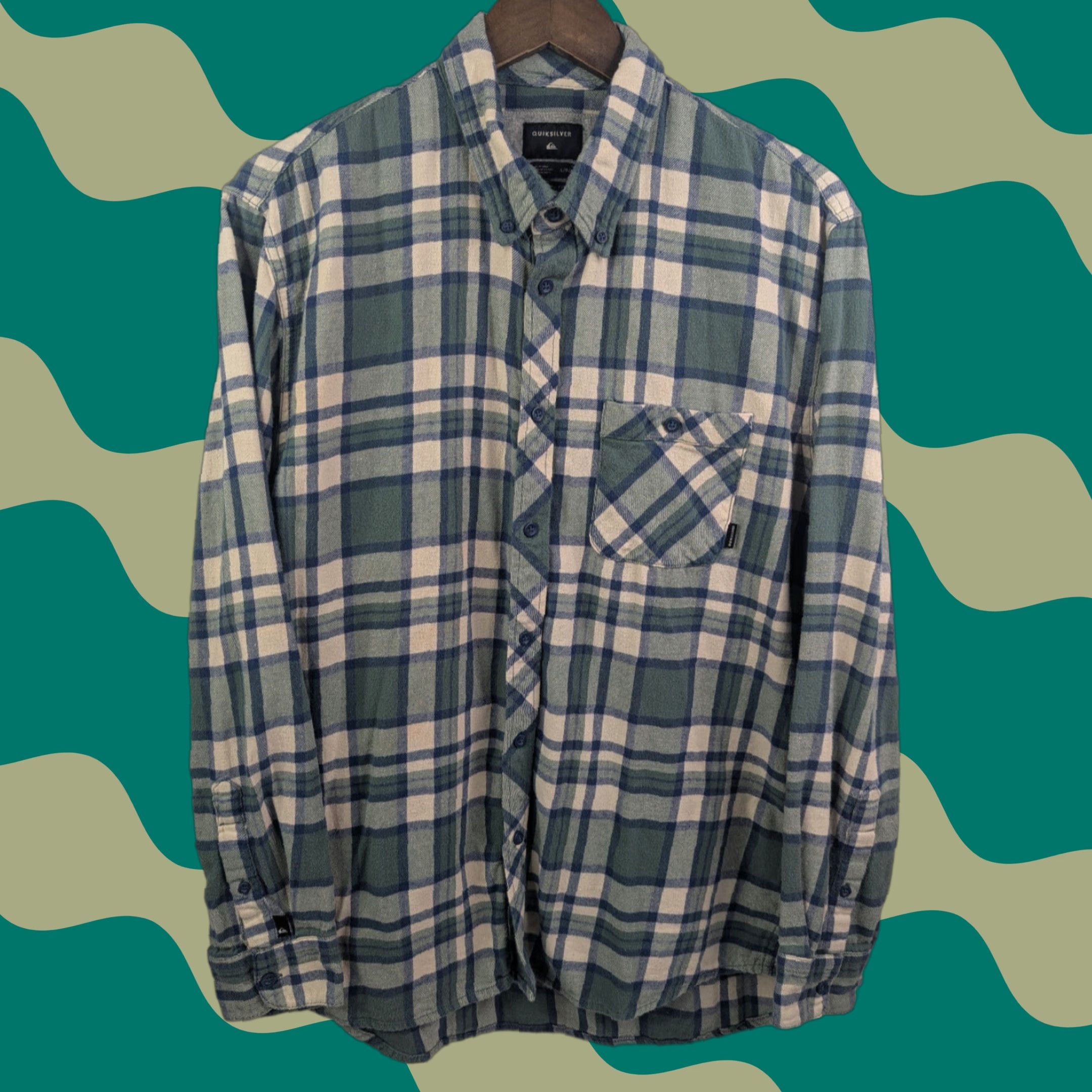 Quiksilver QuikSilver Shirt Men's Large Green Blue Plaid Flannel Regular Fit Skater Surf Size US L / EU 52-54 / 3 - 1 Thumbnail