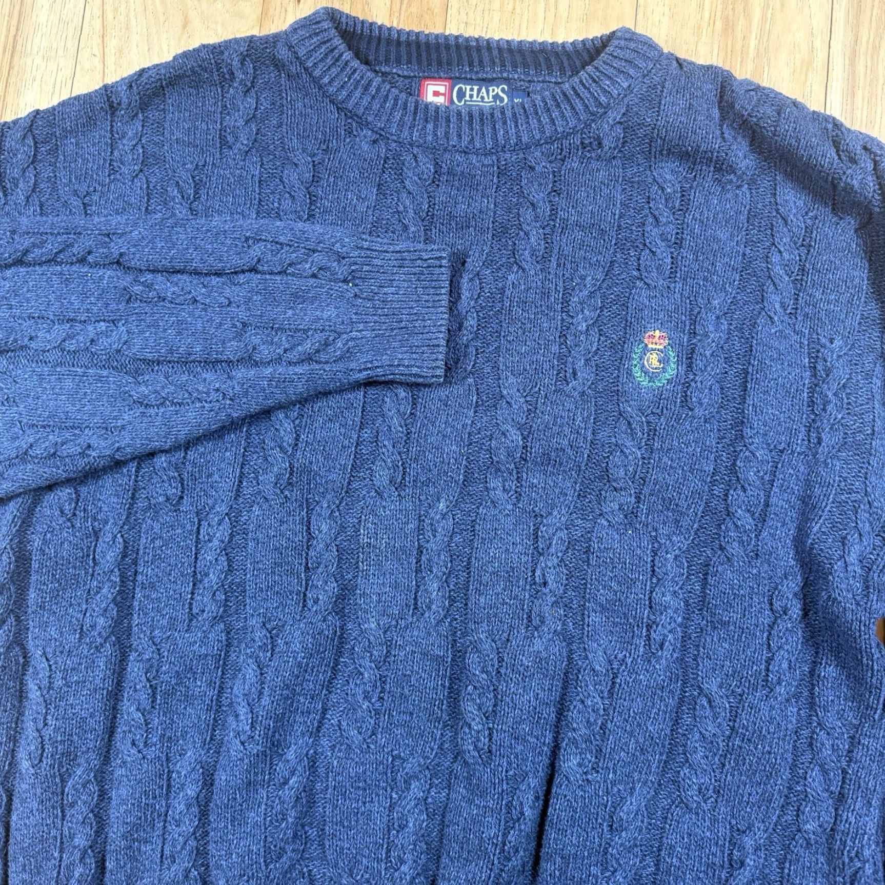 Ralph Lauren VINTAGE Ralph Lauren Sweater Mens XL Cable-Knit Logo Pullover Blue 90s USA Made Cotton Crest Knit Grandpa Classic Size US XL / EU 56 / 4 - 3 Thumbnail