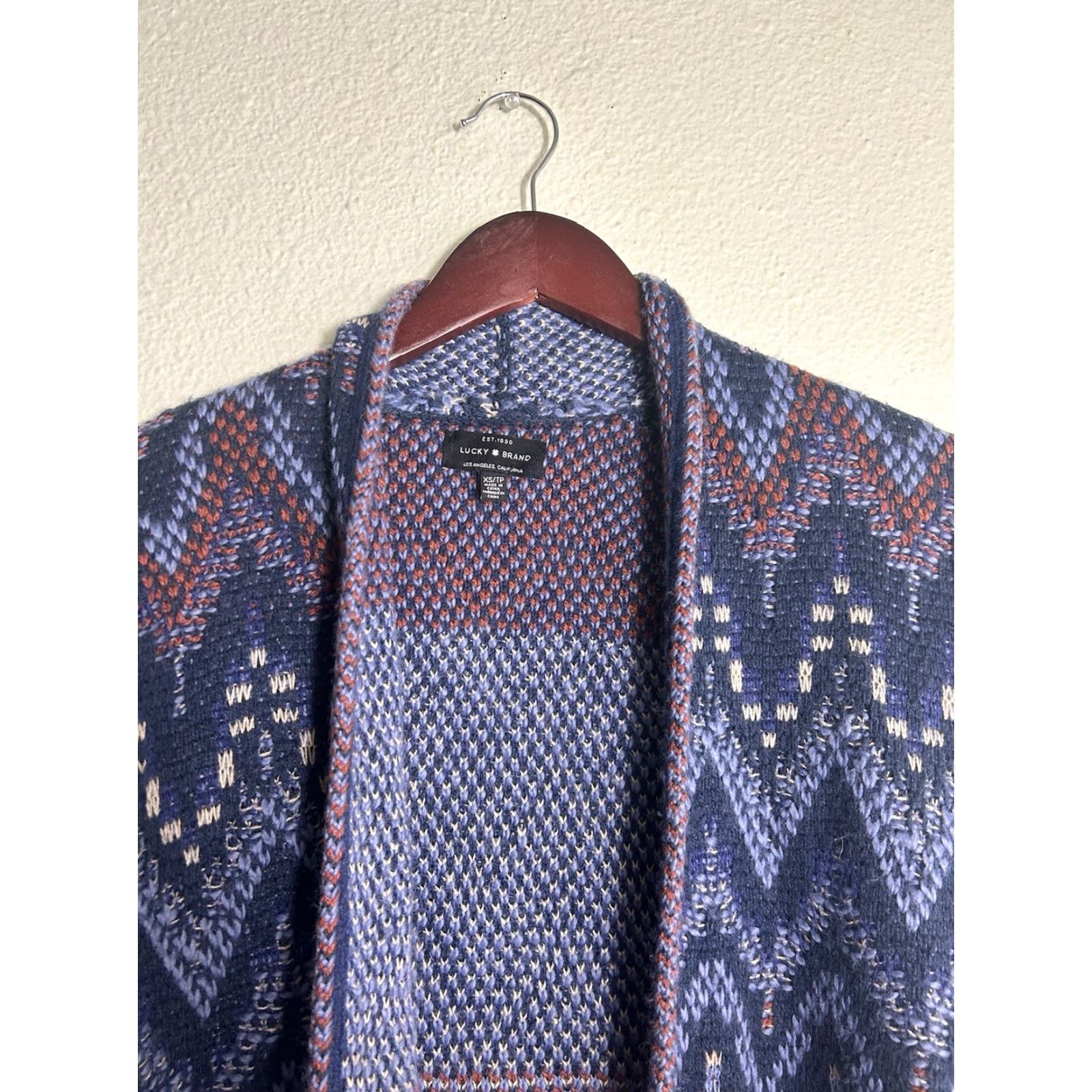 Lucky Brand VINTAGE Lucky Brand Cardigan Women XS Wool Blend Blue Red Southwest Open Front 3/4 Sleeve Knit Sweater Size XS / US 0-2 / IT 36-38 - 3 Thumbnail