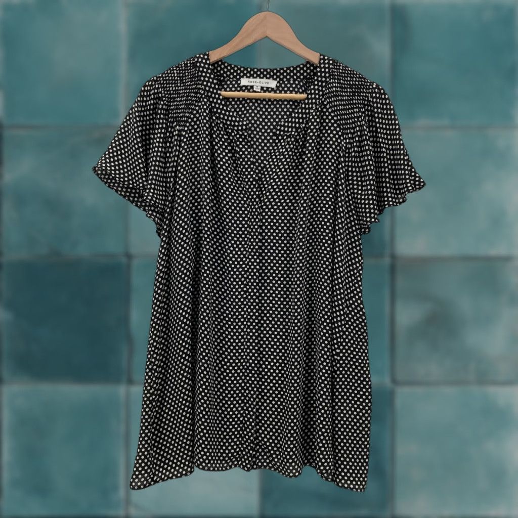 Vintage ROSE + OLIVE Shirt Womens 1X Black White Polka Dot Flutter Sleeve V-Neck Blouse Size XL / US 12-14 / IT 48-50 - 1 Thumbnail