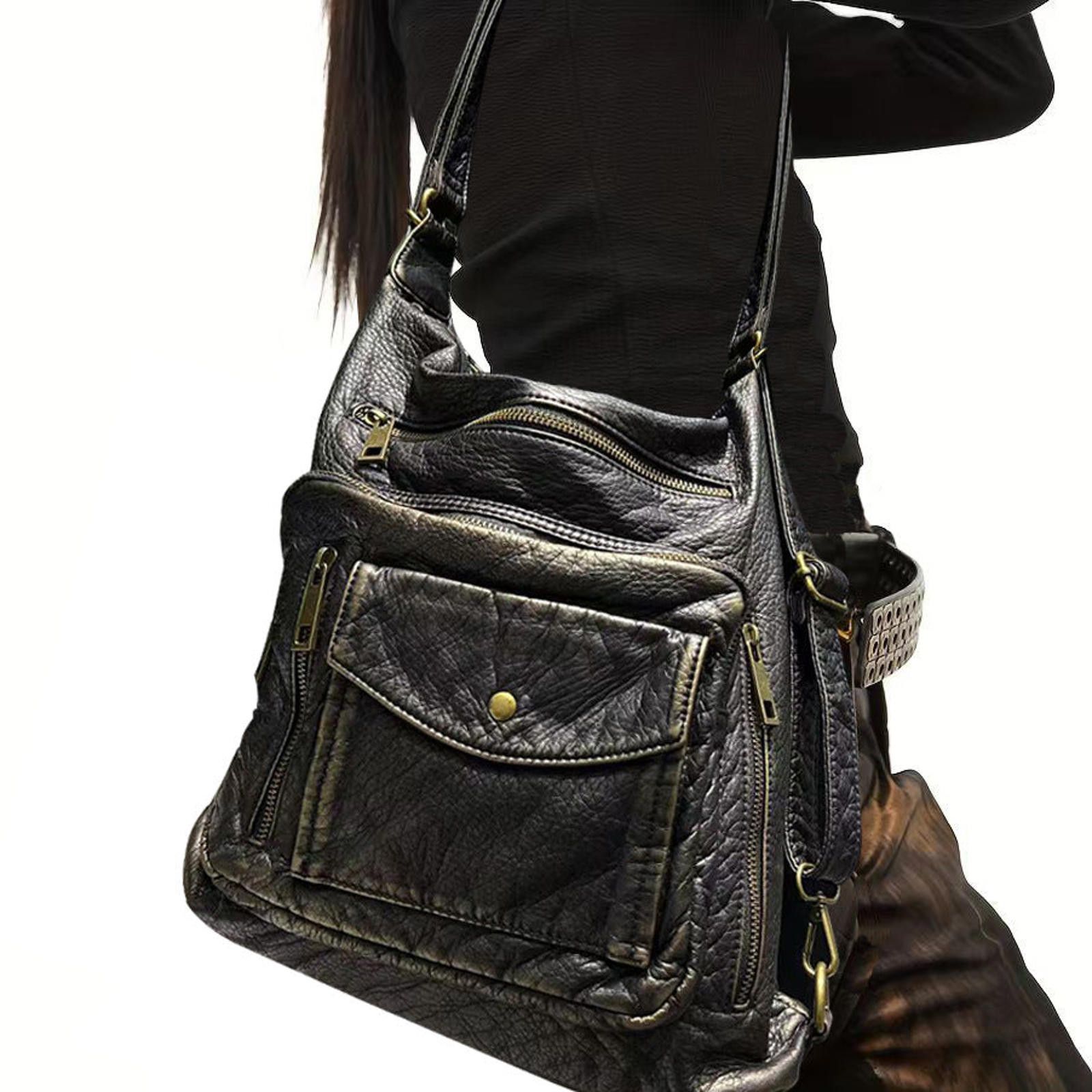 Vintage Black Textured Leather Shoulder Bag with Multiple Pockets Size ONE SIZE - 3 Thumbnail