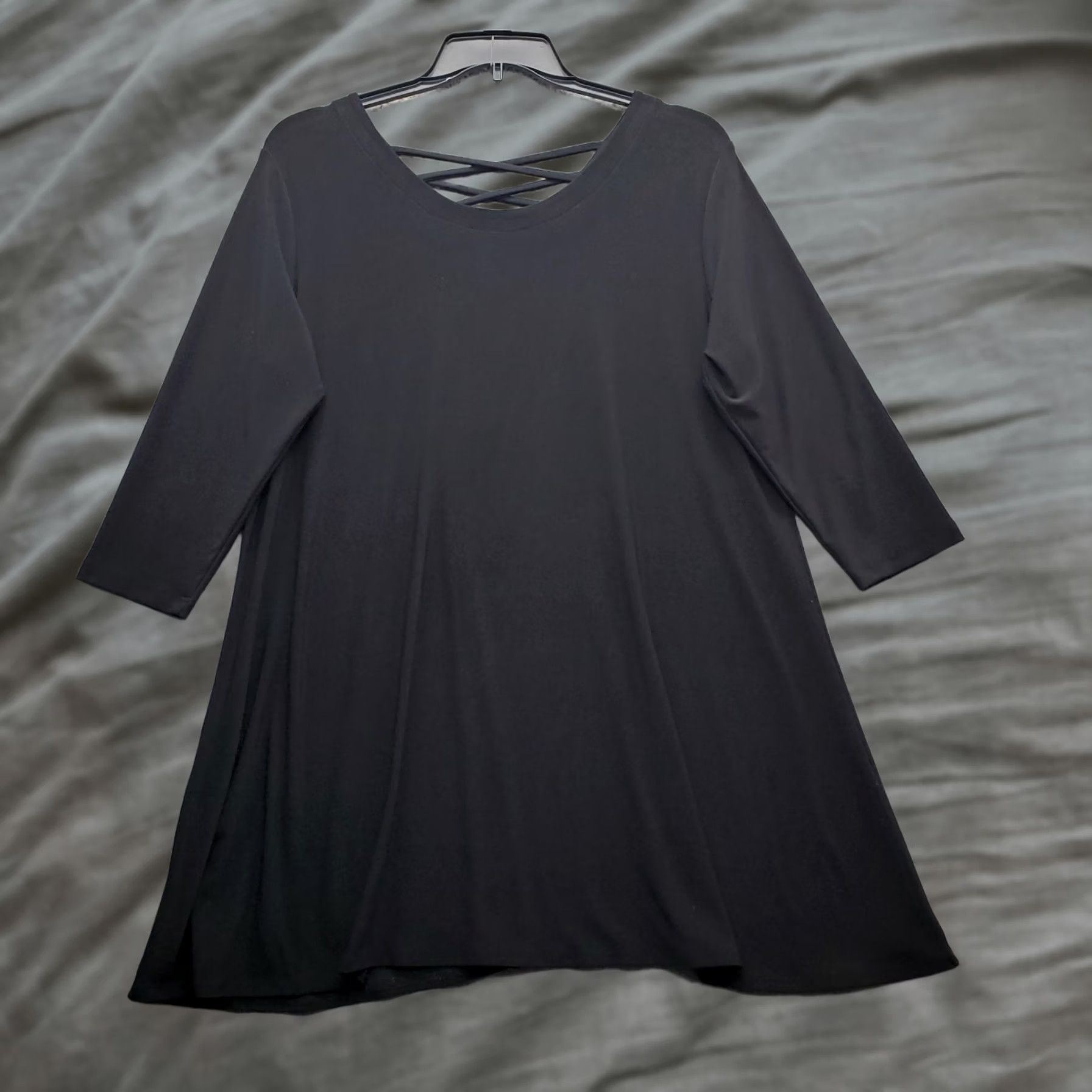Vintage Sympli A-Line Dress Womens 16 Black Stretch 3/4 Sleeve Criss-Cross Neck V-Neck Casual Party/Cocktail Midi Size XXL / US 16-18 / IT 52-54 - 1 Thumbnail