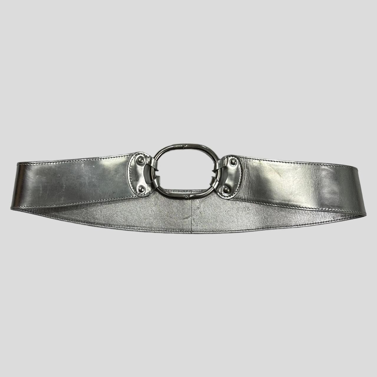 image of Prada Milano 90’S Astro Leather Metal Buckle Belt in Silver, Women's