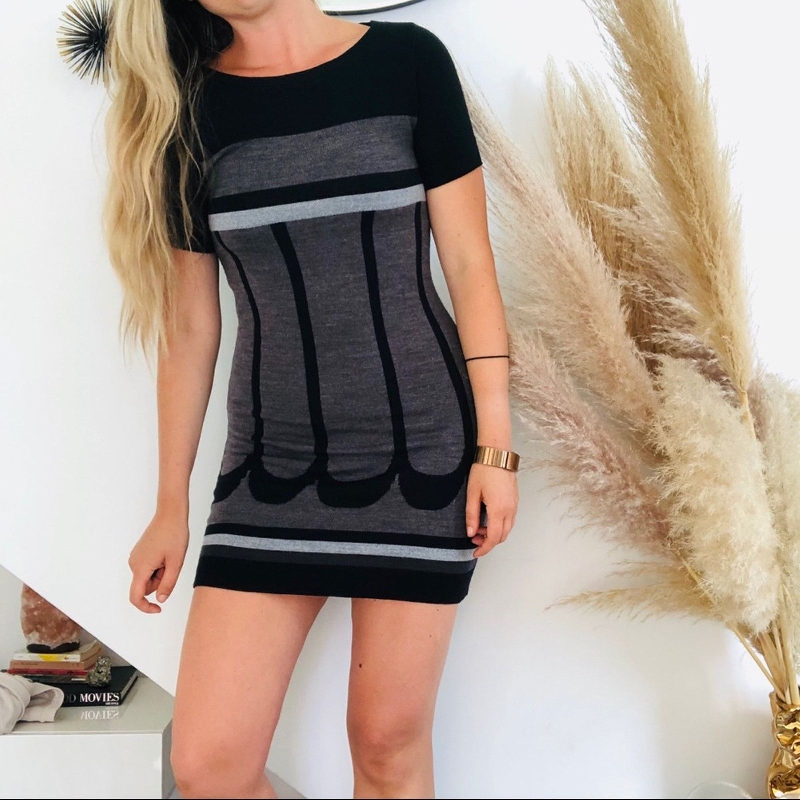 image of Vintage Sandro Ferrone Black Gray Sweater Short Sleeve Mini Dress, Women's (Size XS)