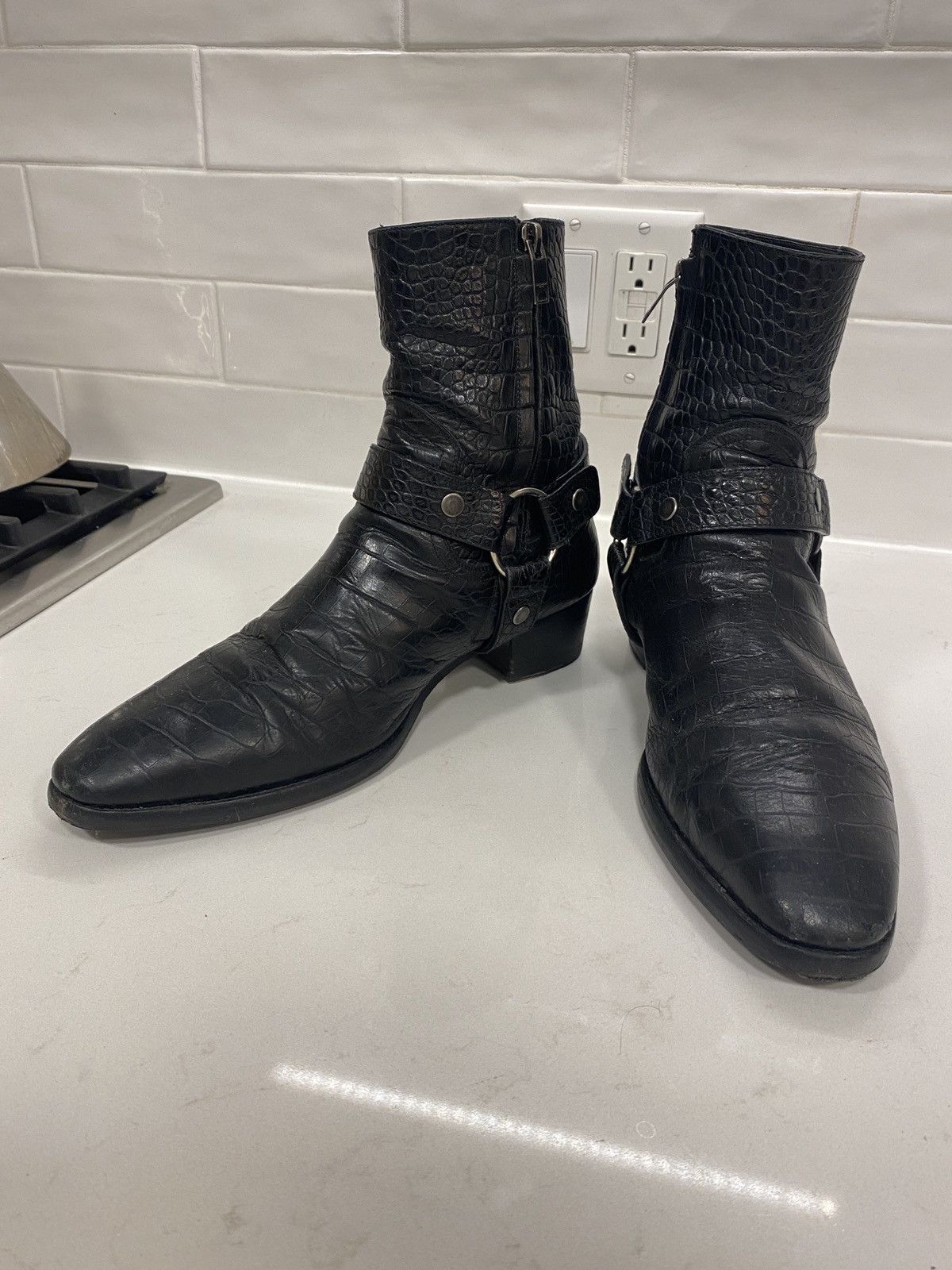 Pre-owned Saint Laurent Croc-embossed Wyatt Boots By