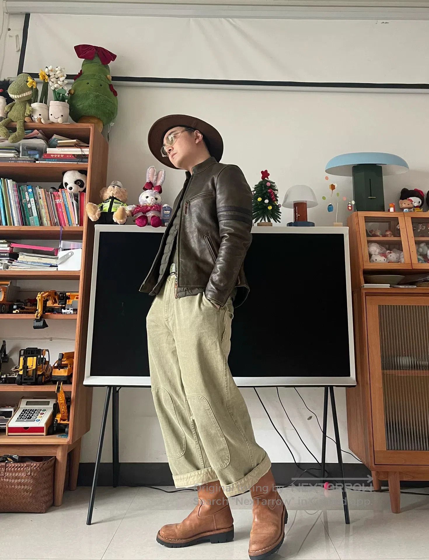 Japanese Brand olive green leather motorcycle jacket. Size US M / EU 48-50 / 2 - 7 Thumbnail