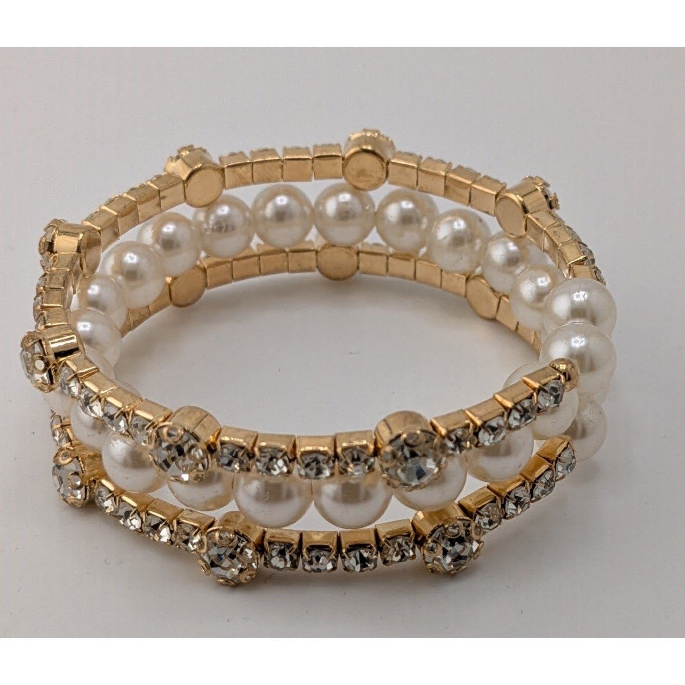 Other Elegant Gold Tone & Faux Pearl Coil Bracelet With Rhinestone Size ONE SIZE - 5 Thumbnail