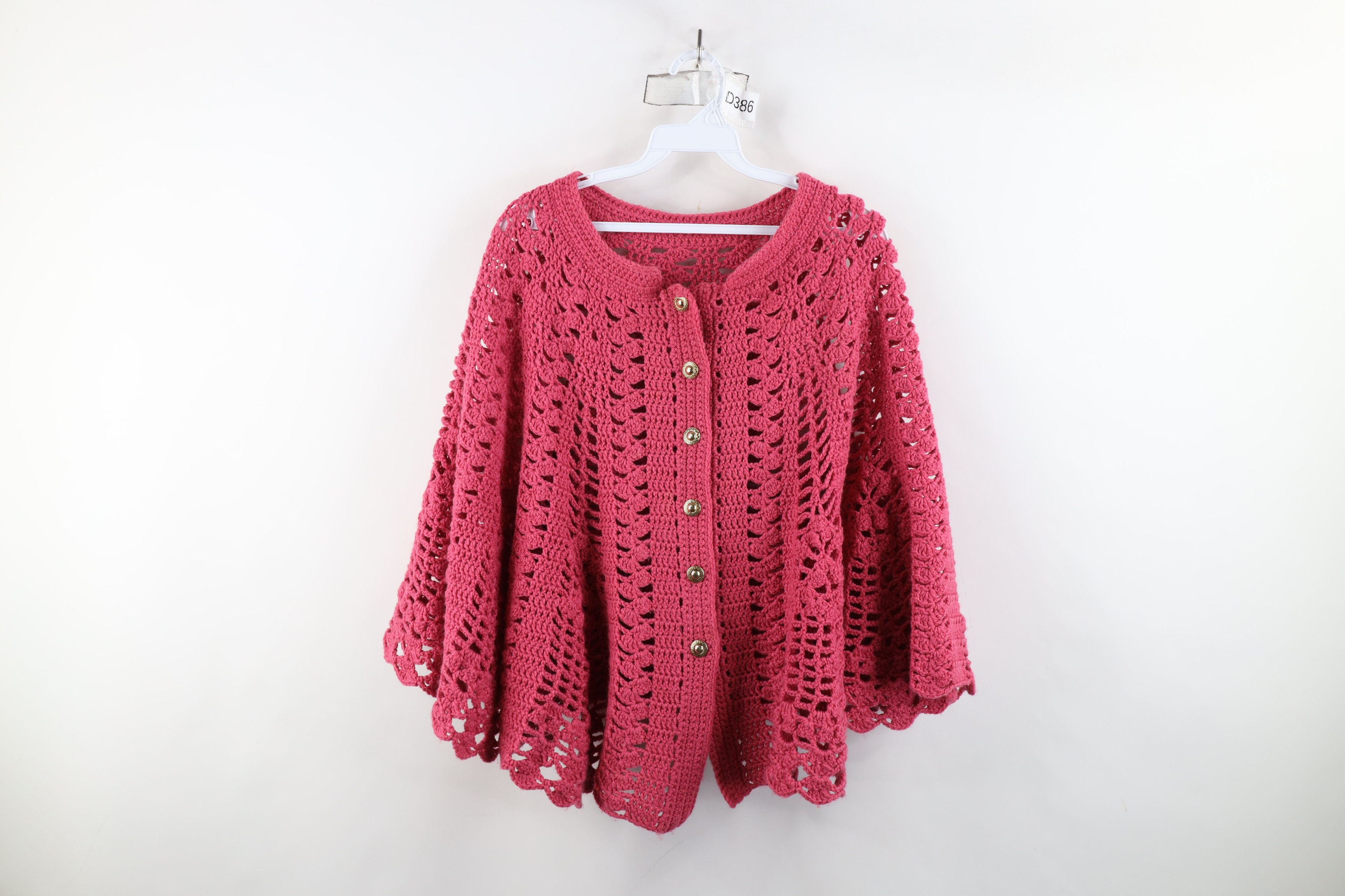 Vintage Vintage 50s 60s Streetwear Crochet Sweater Cape Poncho Pink Size ONE SIZE - 1 Thumbnail
