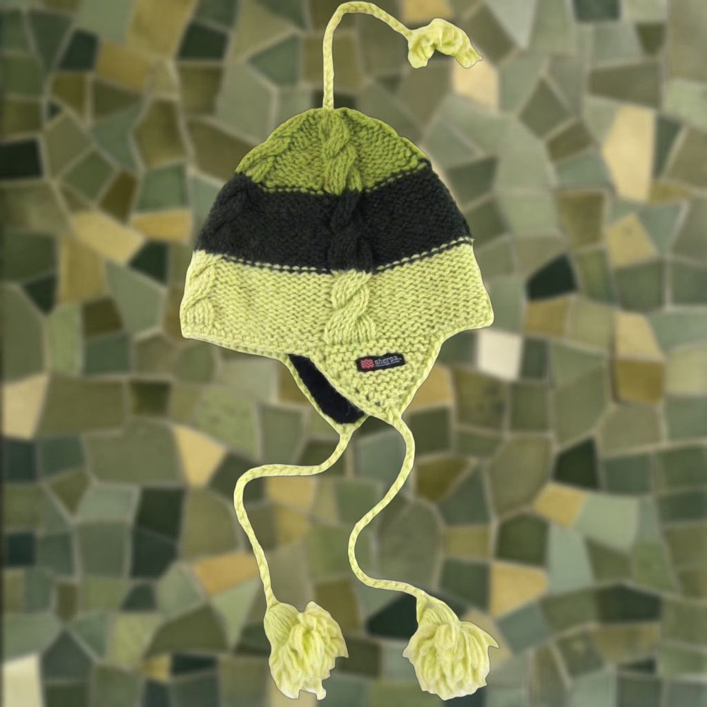 Vintage Sherpa Nepal Beanie Hat O/S Wool Lined Green Brown Pom Pom Wool 100% Knit Womens Winter 90s Theme Holiday Wedding Casual Travel Gift Size ONE SIZE - 1 Thumbnail