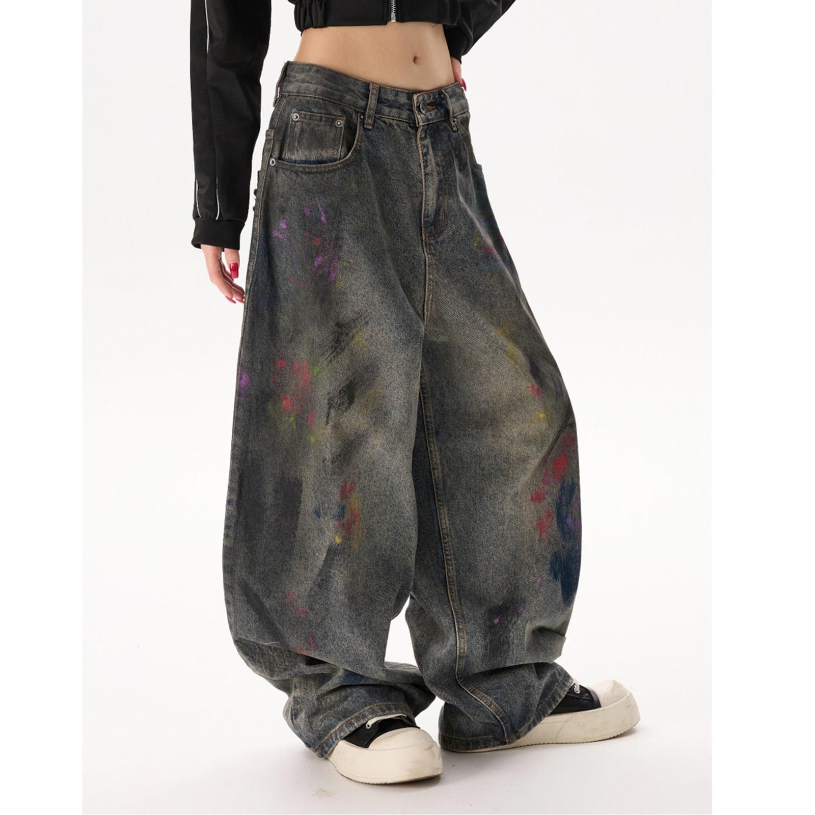 Japanese Brand Paint-Splattered Baggy Wide Leg Jeans, Oversized Denim Size 32" / US 10 / IT 46 - 3 Thumbnail