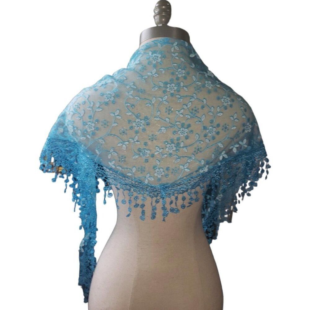 Designer CT1586 Blue & White Sheer Embroidered Handmade Shawl Size ONE SIZE - 3 Thumbnail