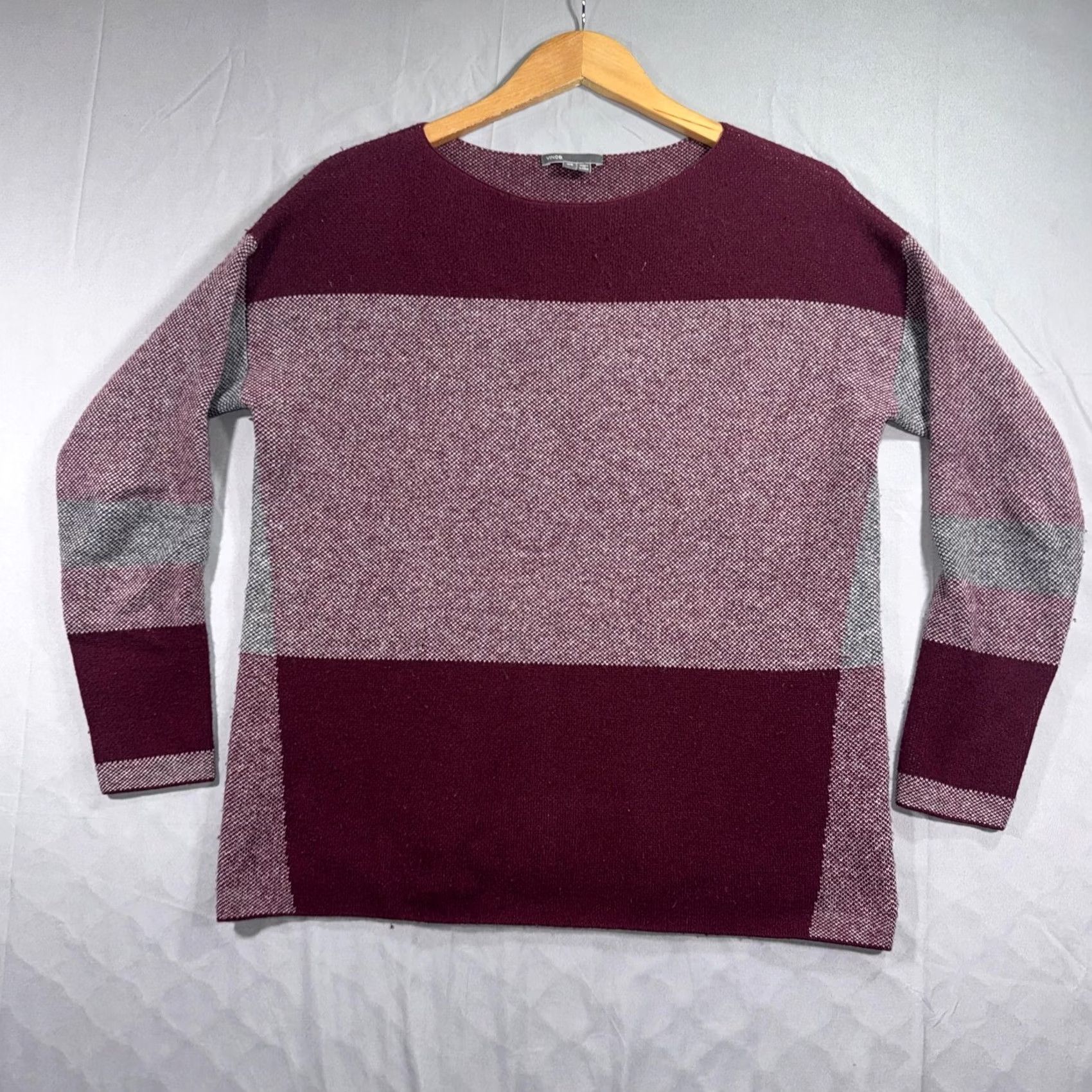 Vince Vince Womens XS Petite Burgundy Gray Wool Cashmere Colorblock Pullover Sweater Pullover Knit Crew Neck Long Sleeve Multicolor Striped Size XS / US 0-2 / IT 36-38 - 2 Thumbnail