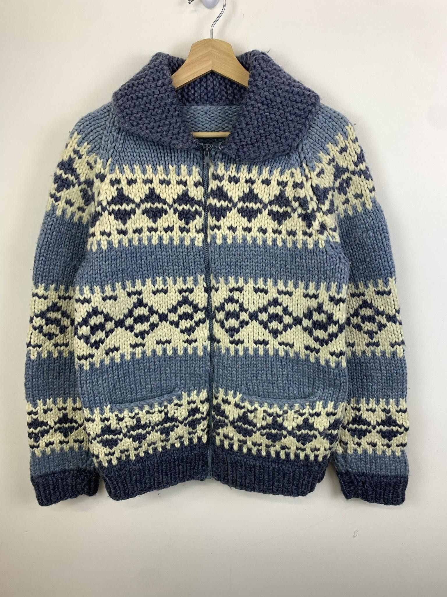 image of Vintage 1970S Blue Hand Knit Cowichan Zip Thick Knit Sweater, Men's (Size Small)