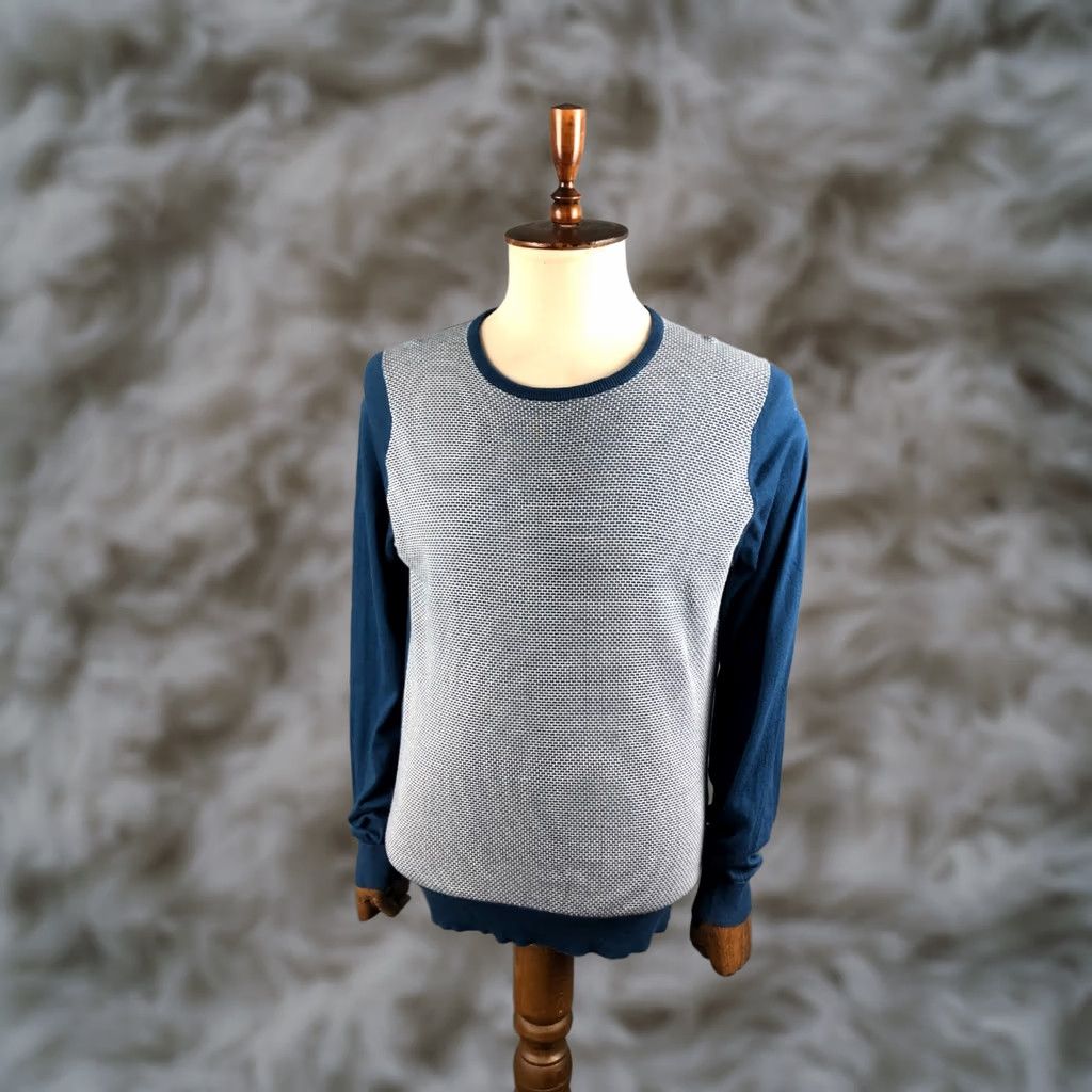 John Smedley Men’s Jumper L Blue Sea Island Cotton Geometric Patterned Crew Neck Pullover Knit Ribbed Accents
