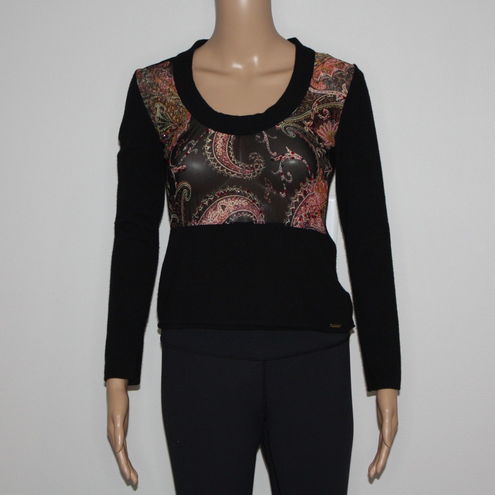 Roberto Cavalli Black Knit Sweater with Crystal Beaded Mesh Front size M Size M / US 6-8 / IT 42-44 - 6 Thumbnail