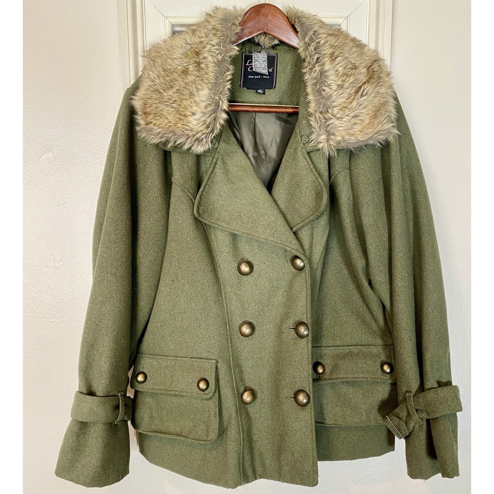 & Other Stories Coat Womens 2X Green Wool Peacoat Lane Crawford Fur Collar Size XXL / US 16-18 / IT 52-54 - 2 Thumbnail