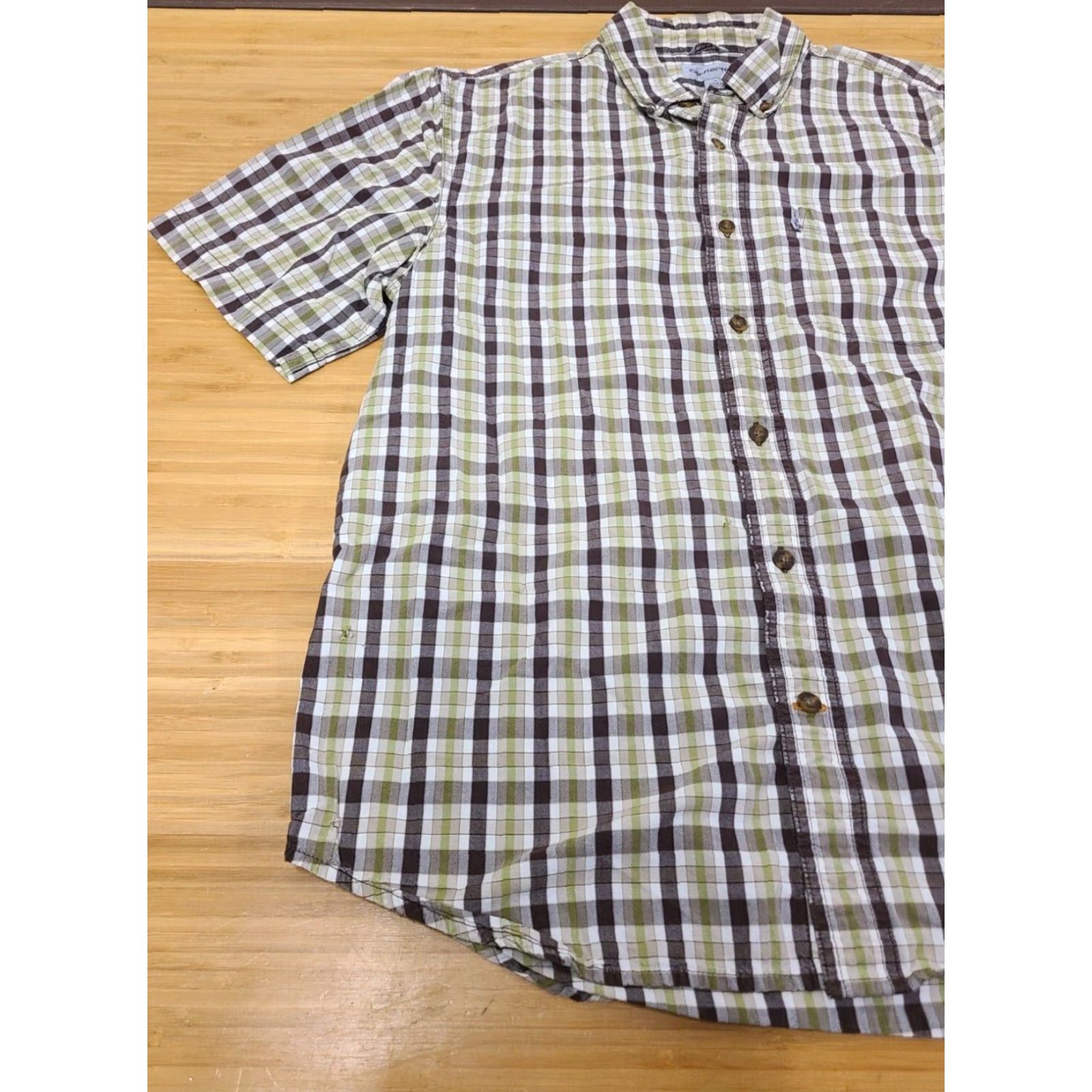 Carhartt Carhartt Shirt Men L Relaxed Button-Down Plaid Cotton Green White Short Sleeve Embroidered Logo USA Size US L / EU 52-54 / 3 - 3 Thumbnail