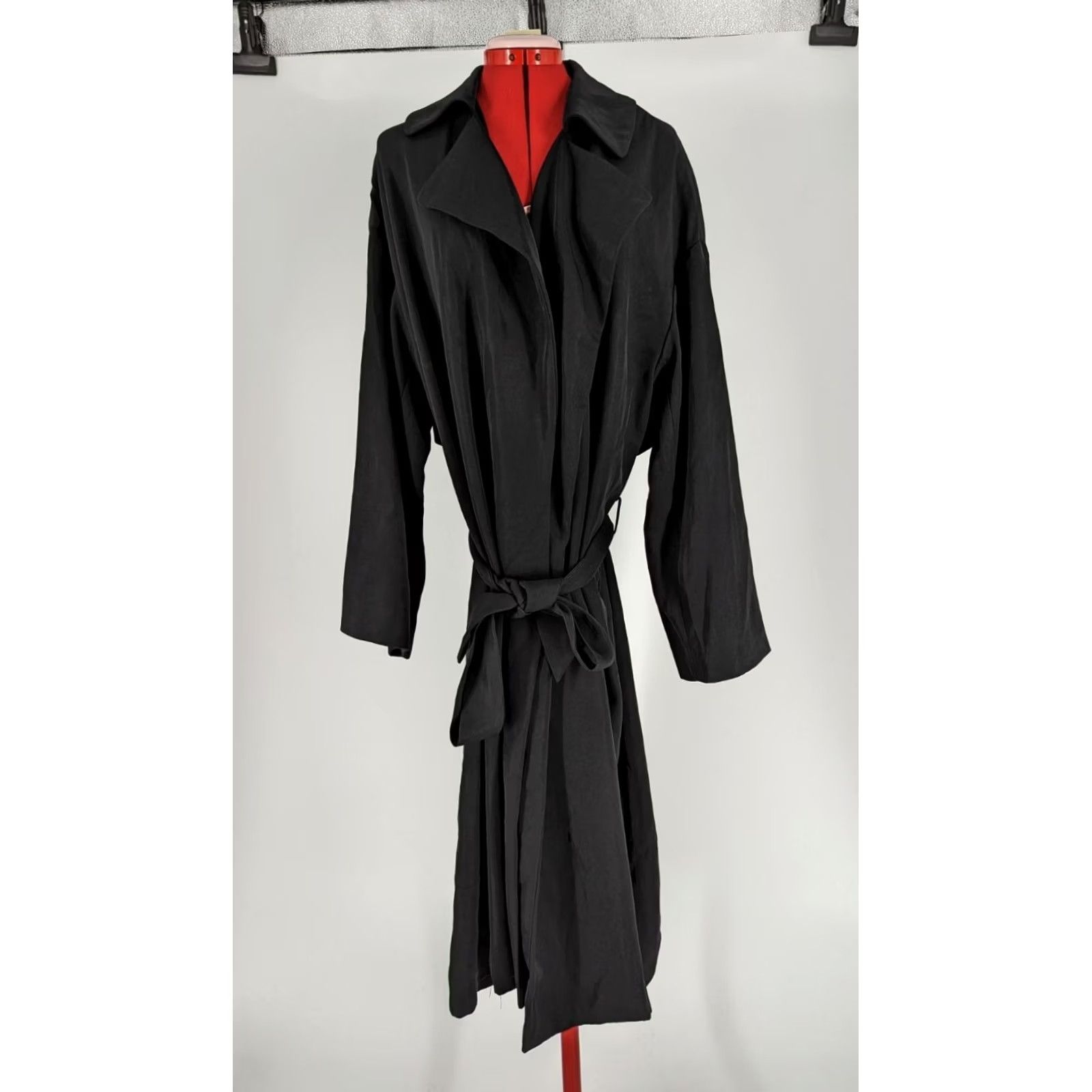 Vintage Protagonist Shirt Jacket Womens One Size Black Rayon Belted Trench Coat Spring 2016 Runway Womens Size ONE SIZE - 5 Thumbnail