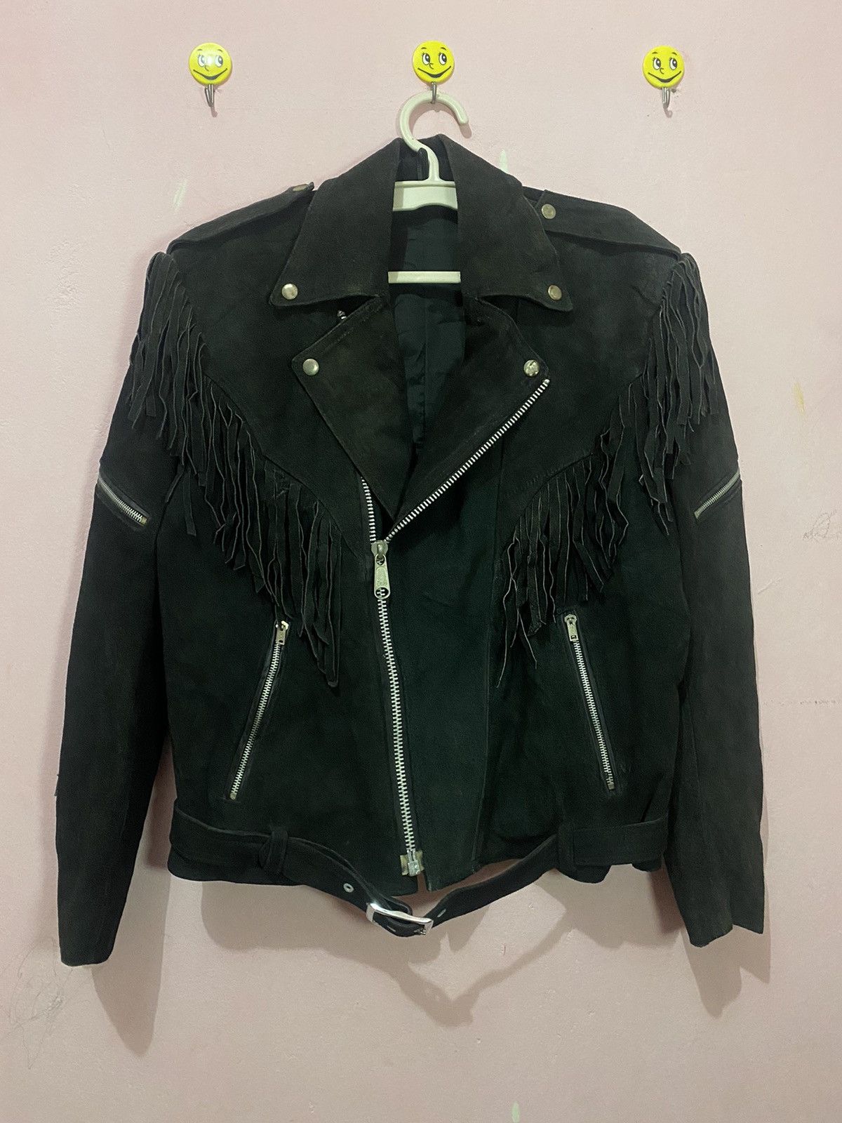 Genuine Leather Mens black double collar genuine suede leather fringe jacket Size US M / EU 48-50 / 2 - 15 Thumbnail