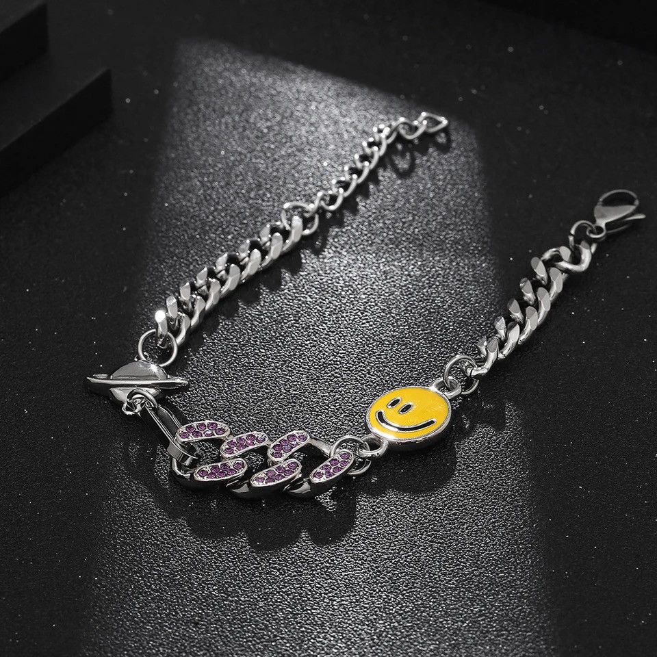 Jewelry S. Steel Smile Cuban Chain Star Round Splicing Bracelet Size ONE SIZE - 5 Thumbnail