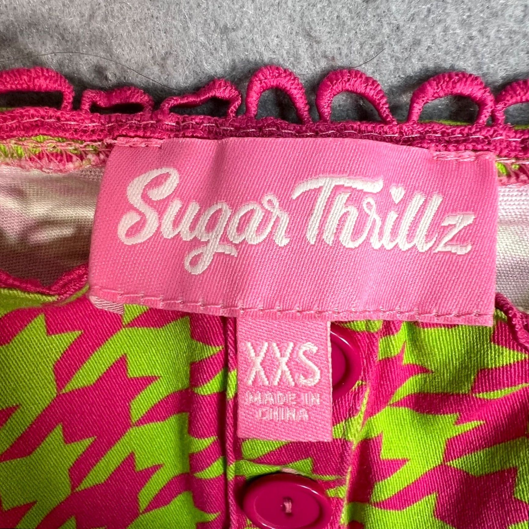 Vintage Sugar Thrillz Cropped Top Womens XS Neon Pink & Green Houndstooth Shirt Sleeveless Size XS / US 0-2 / IT 36-38 - 3 Thumbnail