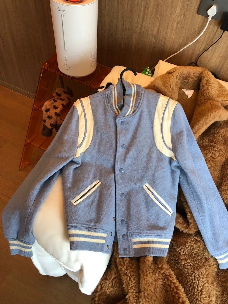 Yves Saint Laurent YSL Blue Baseball Jacket with White Stripes Size US M / EU 48-50 / 2 - 1 Thumbnail