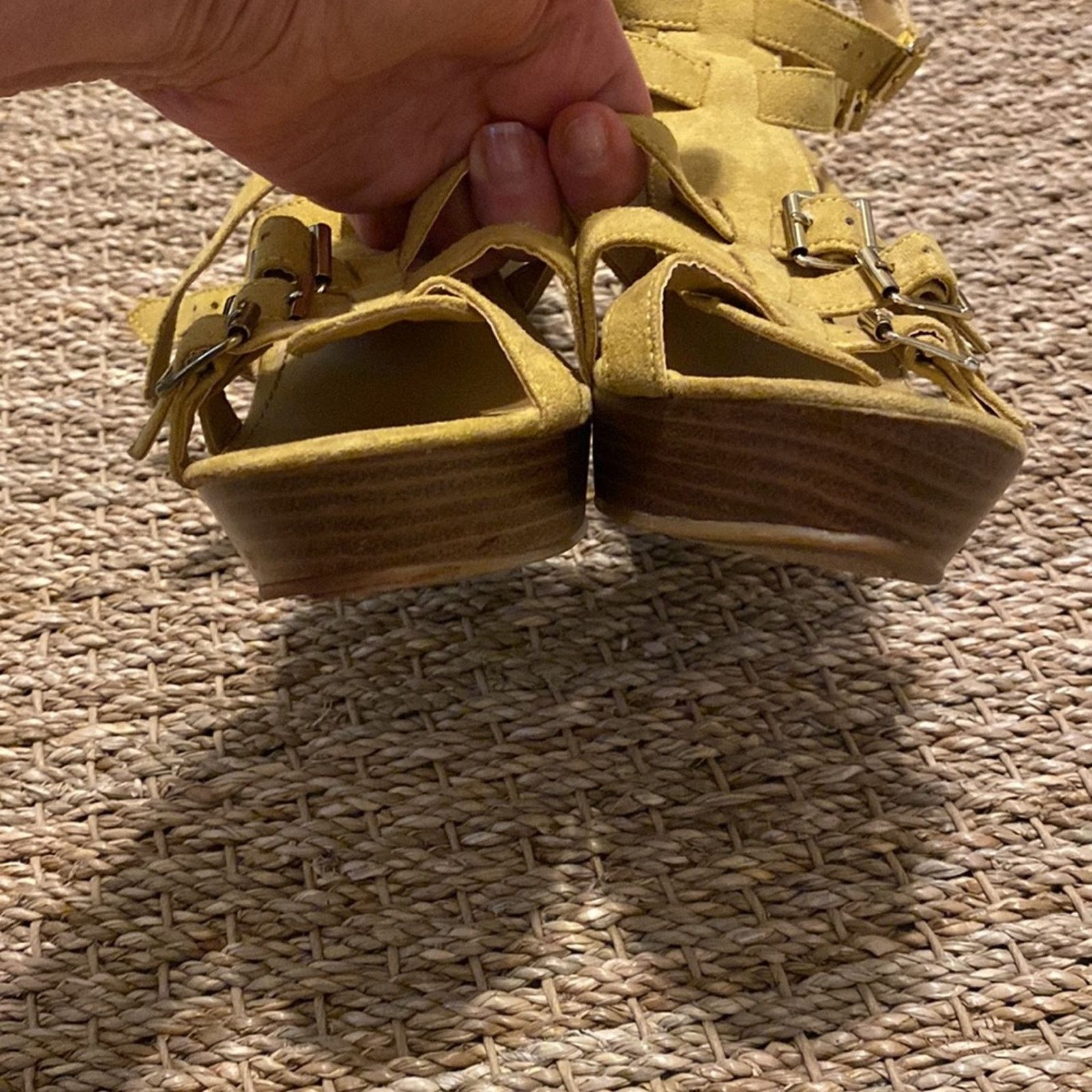 Express Multi strap & buckles, suede ochre color wedge heel size 7 Size US 7 / IT 37 - 3 Thumbnail