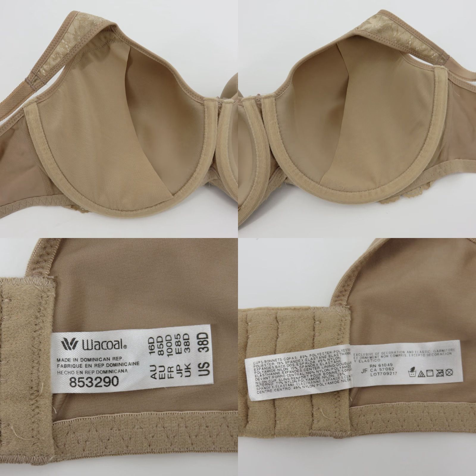 Vintage Wacoal 38D Basic Benefits Contour Lace Bra 853290 Beige Underwire Lined Women Size ONE SIZE - 8 Thumbnail