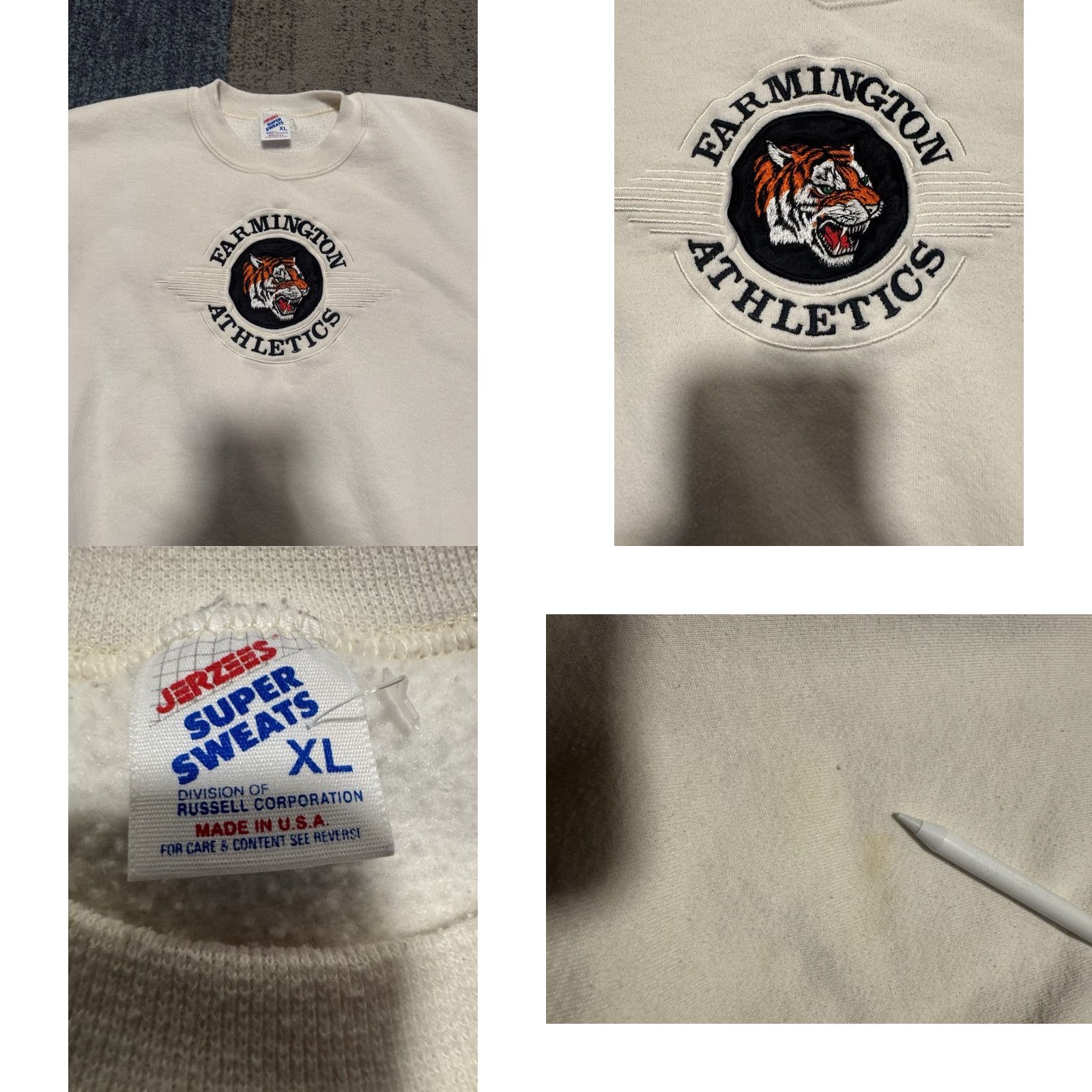 Jerzees VINTAGE Jerzees Farmington High-school Tigers Logo Sweatshirt XL White USA UNISEX Adults, Sweatshirt, Logo, Vintage, 90s? Size US XL / EU 56 / 4 - 10 Thumbnail