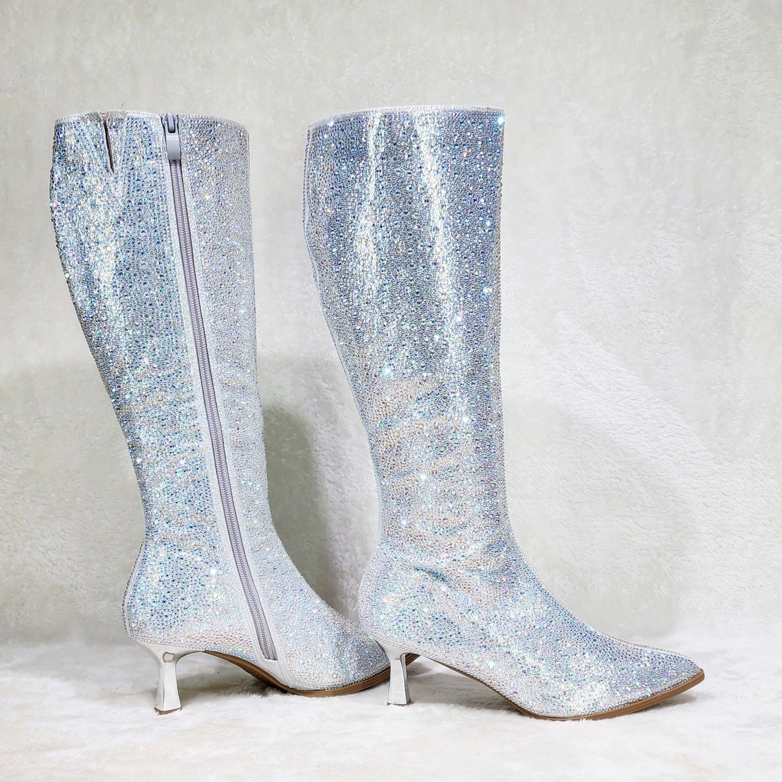 Other Silver Rhinestone Knee Boots 2.5" Kitten Heels Wide Friendly Size US 6 / IT 36 - 2 Thumbnail