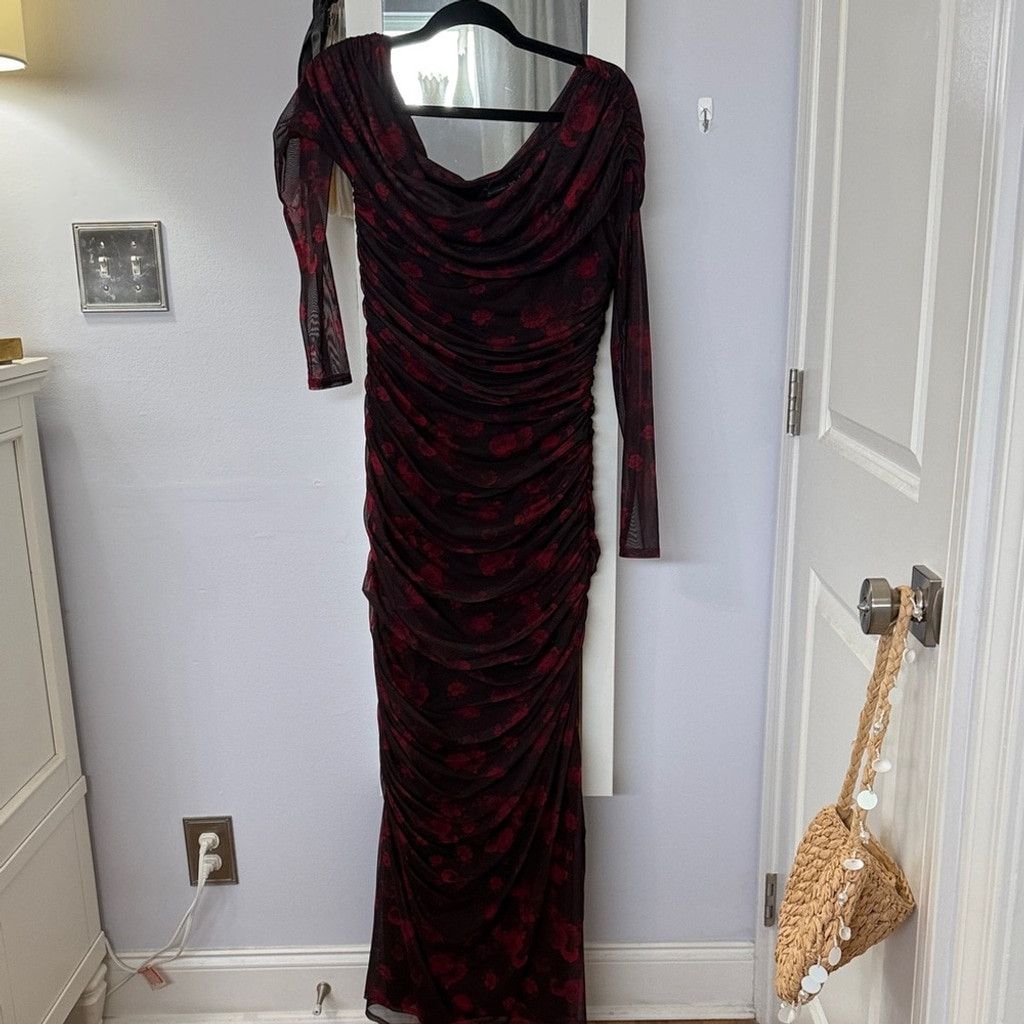 Abercrombie & Fitch One-Shoulder Red and Black Floral Dress Size L / US 10 / IT 46 - 5 Thumbnail