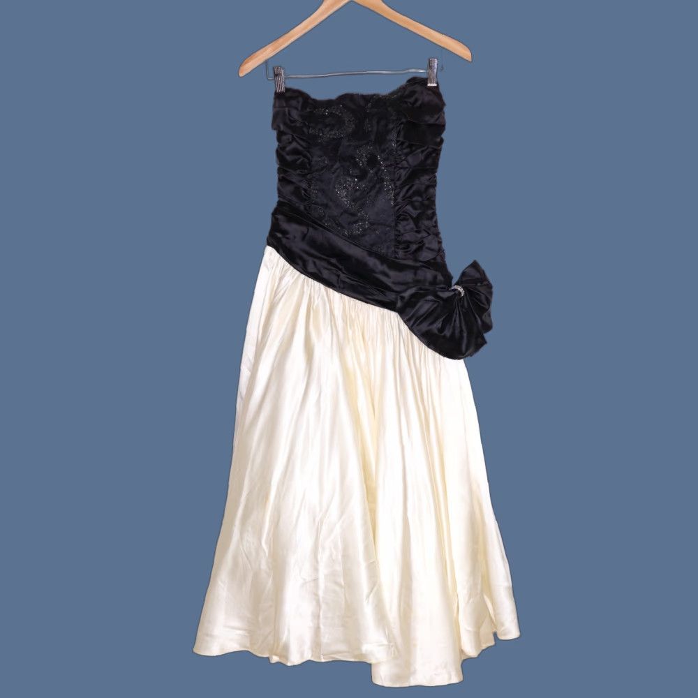 VINTAGE Zum Zum Prom Dress Strapless Black White Bow Lace Tulle Satin 80s 90s Small