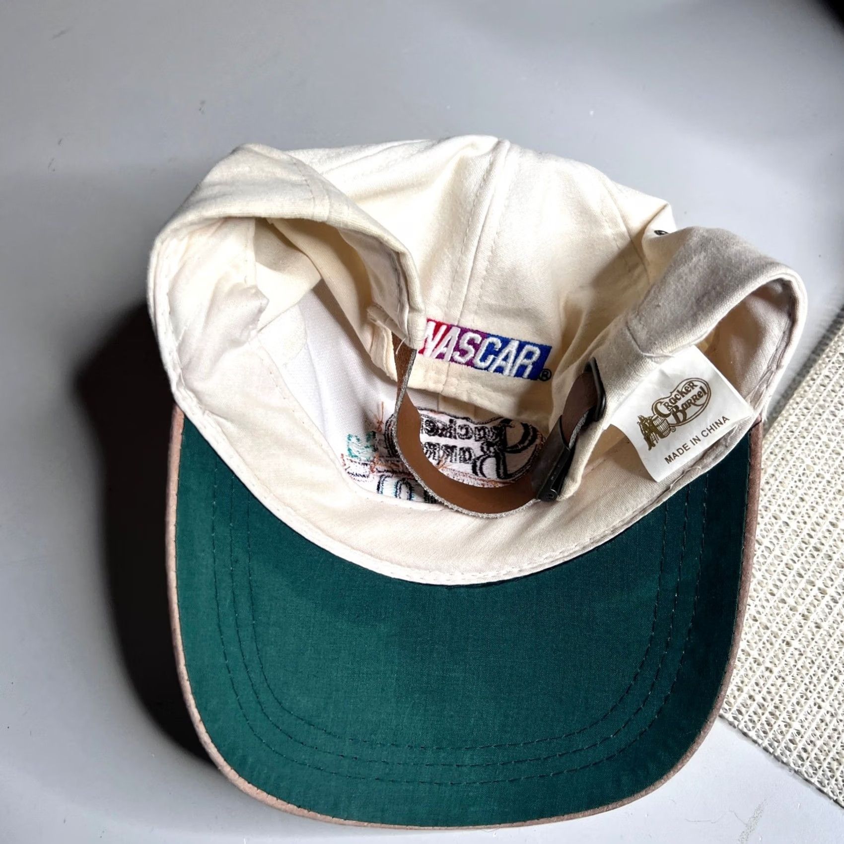 NASCAR VINTAGE Cracker Barrel 500 NASCAR Hat Cream Tan Suede Brim Leather Strap Cap Men One Size Ivory Canvas Adjustable Bre breathable 90s? Size ONE SIZE - 5 Thumbnail