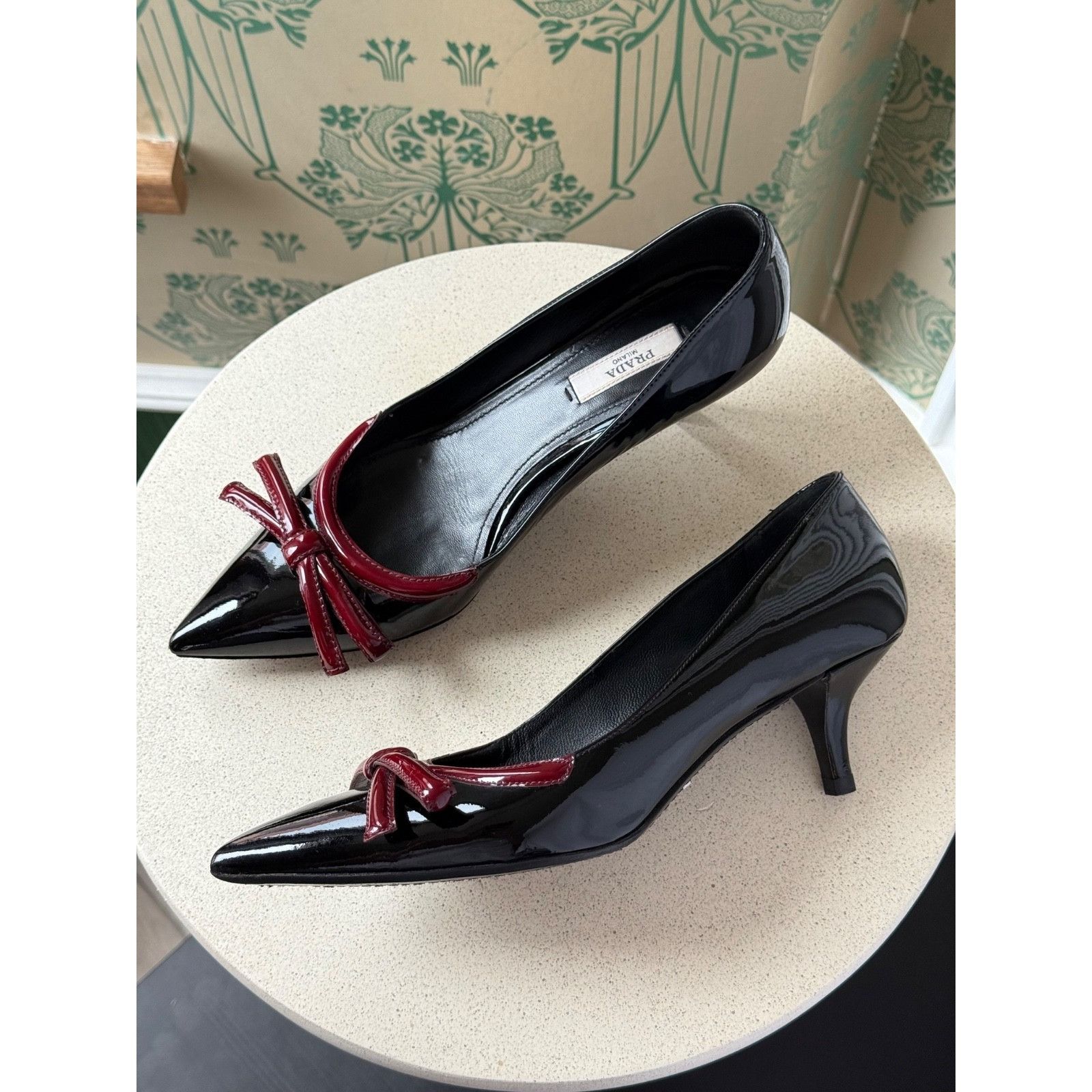 Prada Prada Bow Burgundy Patent Leather Pointed Toe Heels Size: 37 Size US 7.5 / IT 37.5 - 2 Thumbnail