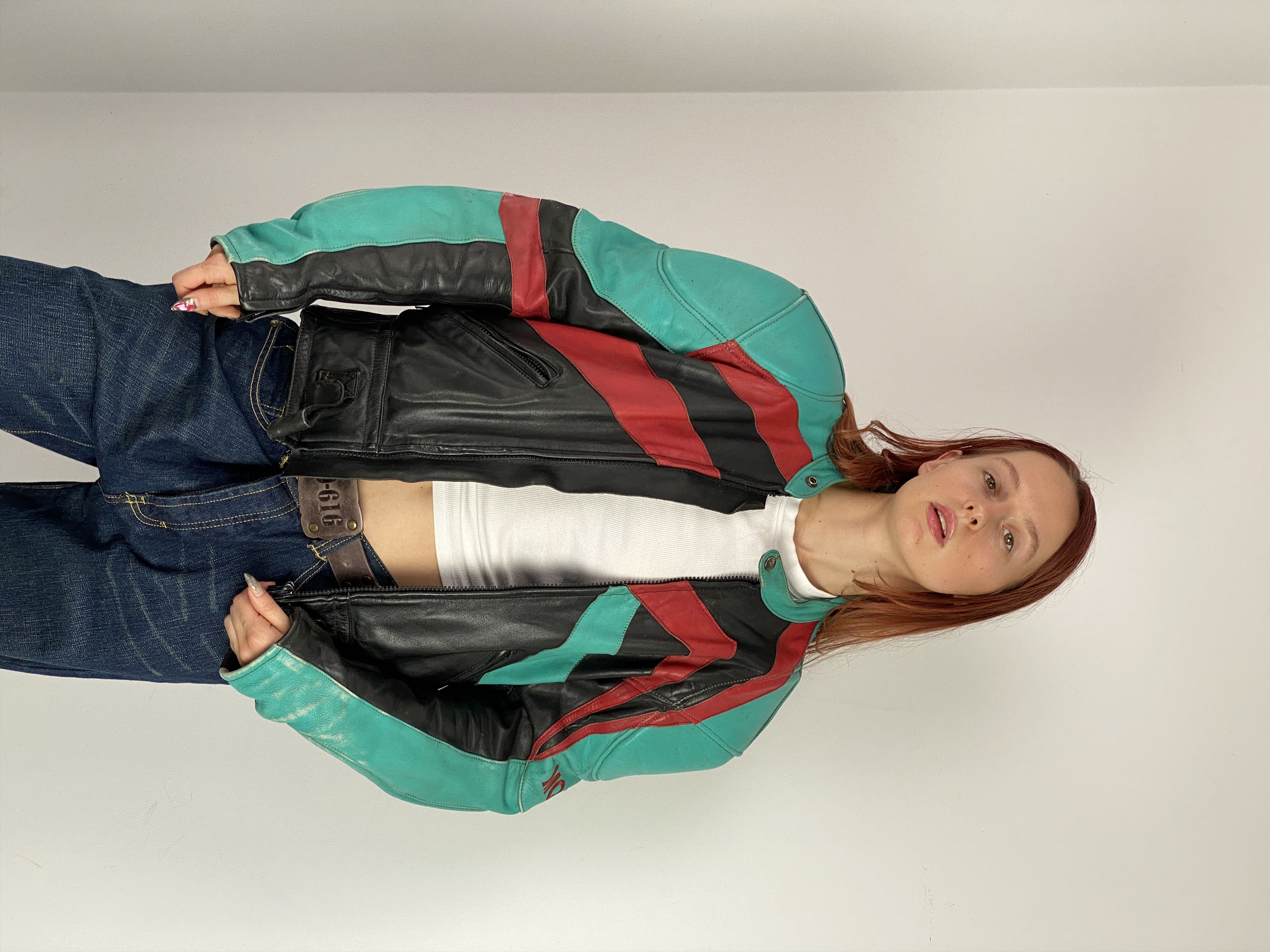 image of Leather Jacket x Racing Mqp Vintage Real Lether Racing Jacket - 54 / L in Black Red (Size Large)