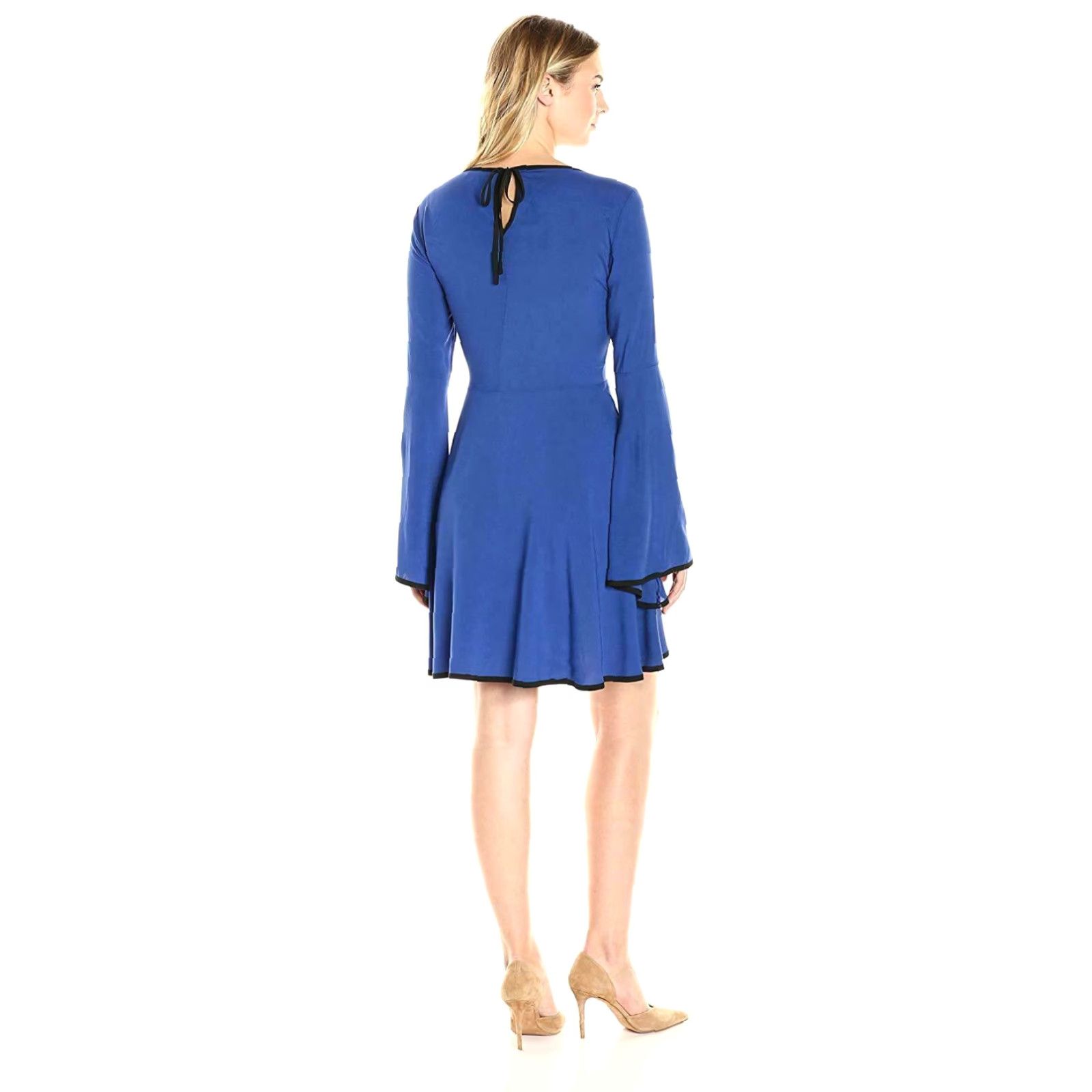 Vintage James & Erin Piped Knit Flare Dress Women's Medium Blue Midi Long Sleeve Tie Closure Flared Sleeves Party/Cocktail Size M / US 6-8 / IT 42-44 - 4 Thumbnail