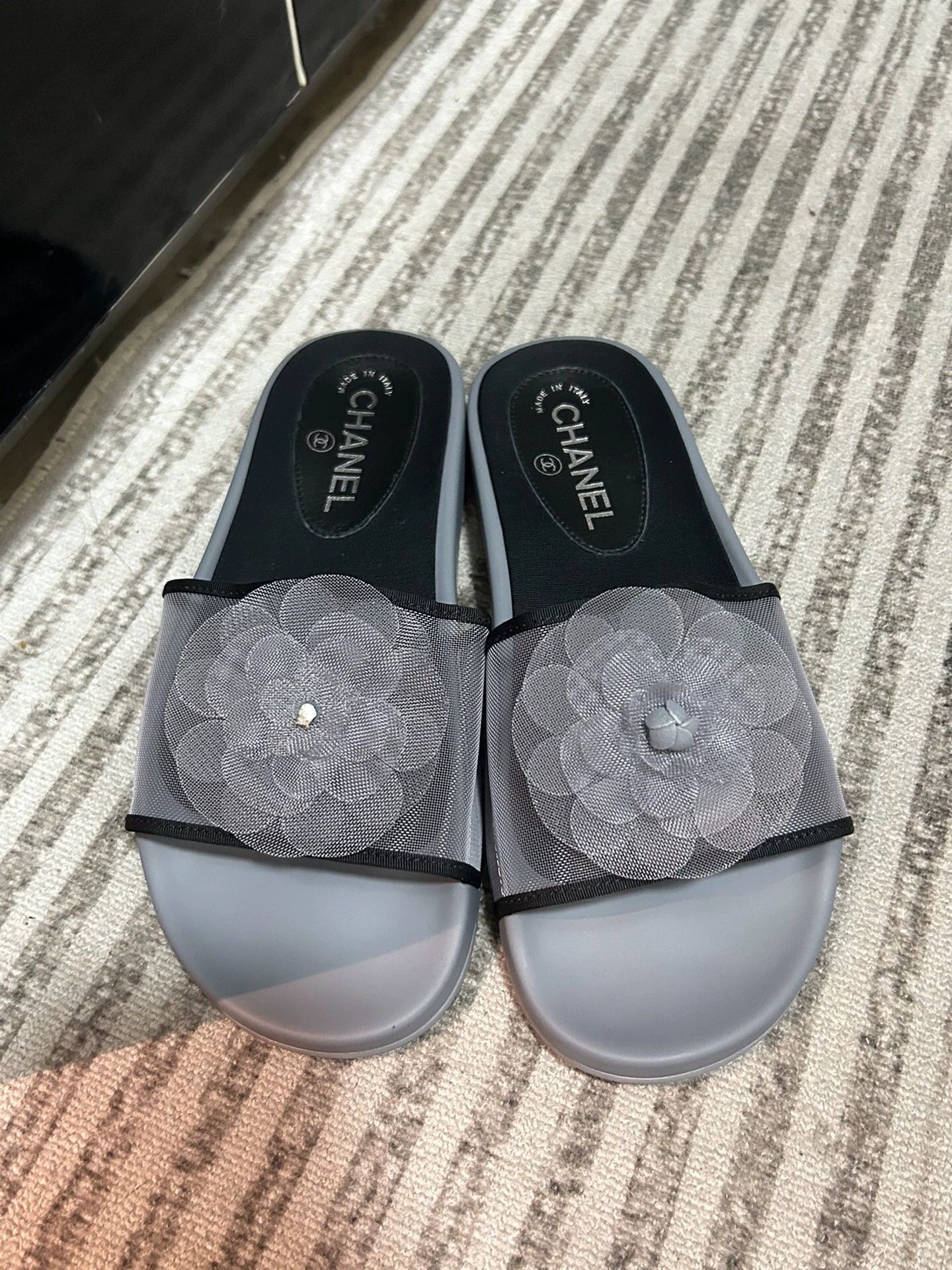 Chanel CHANEL Gray Blue Camellia 3D Slippers Size 38 Size US 7.5 / IT 37.5 - 1 Thumbnail