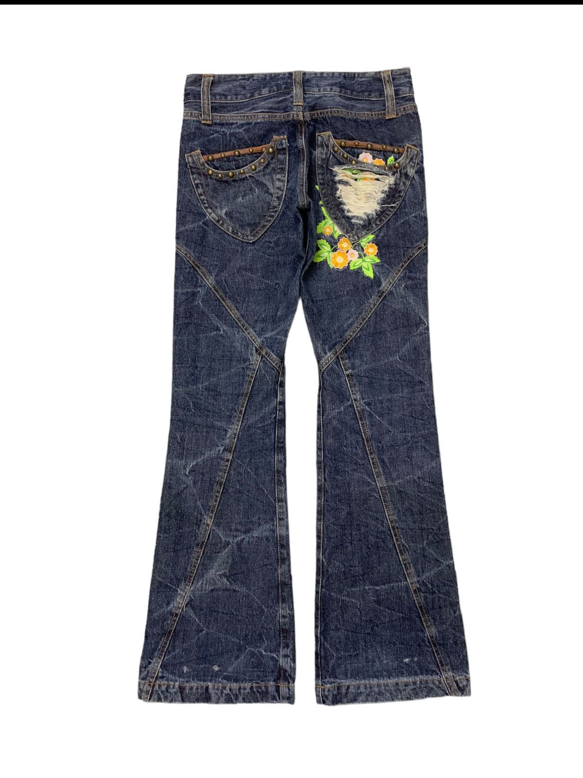 If Six Was Nine × Tornado Mart Azul Pure Japan Flared Geometrical Studded Craft Denim Pants Size US 30 / EU 46 - 4 Thumbnail