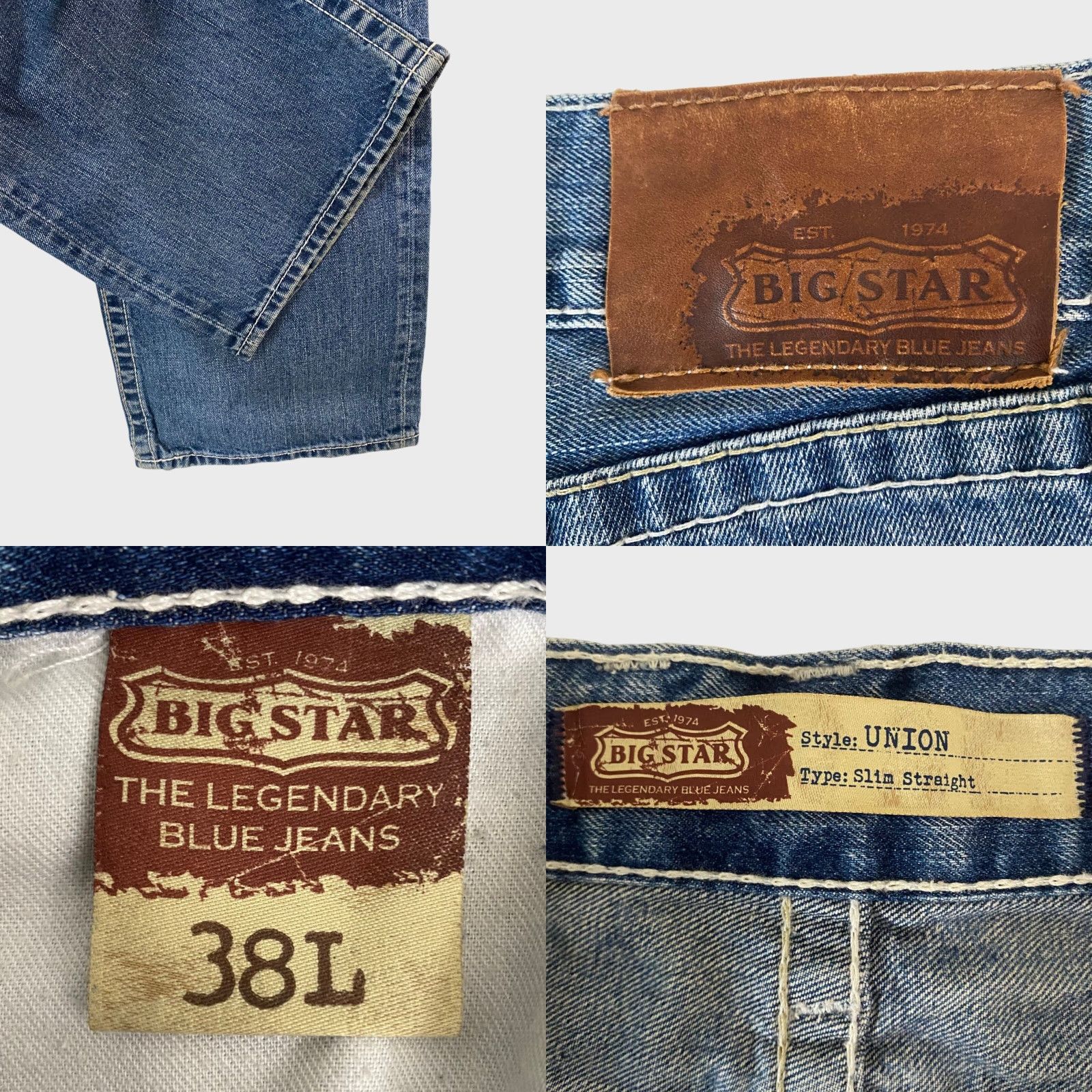 Denime VINTAGE Big Star Union Slim Straight Distressed Blue Jeans Mens 38L Denim 100% Cotton 33" Inseam Size US 38 / EU 54 - 8 Thumbnail