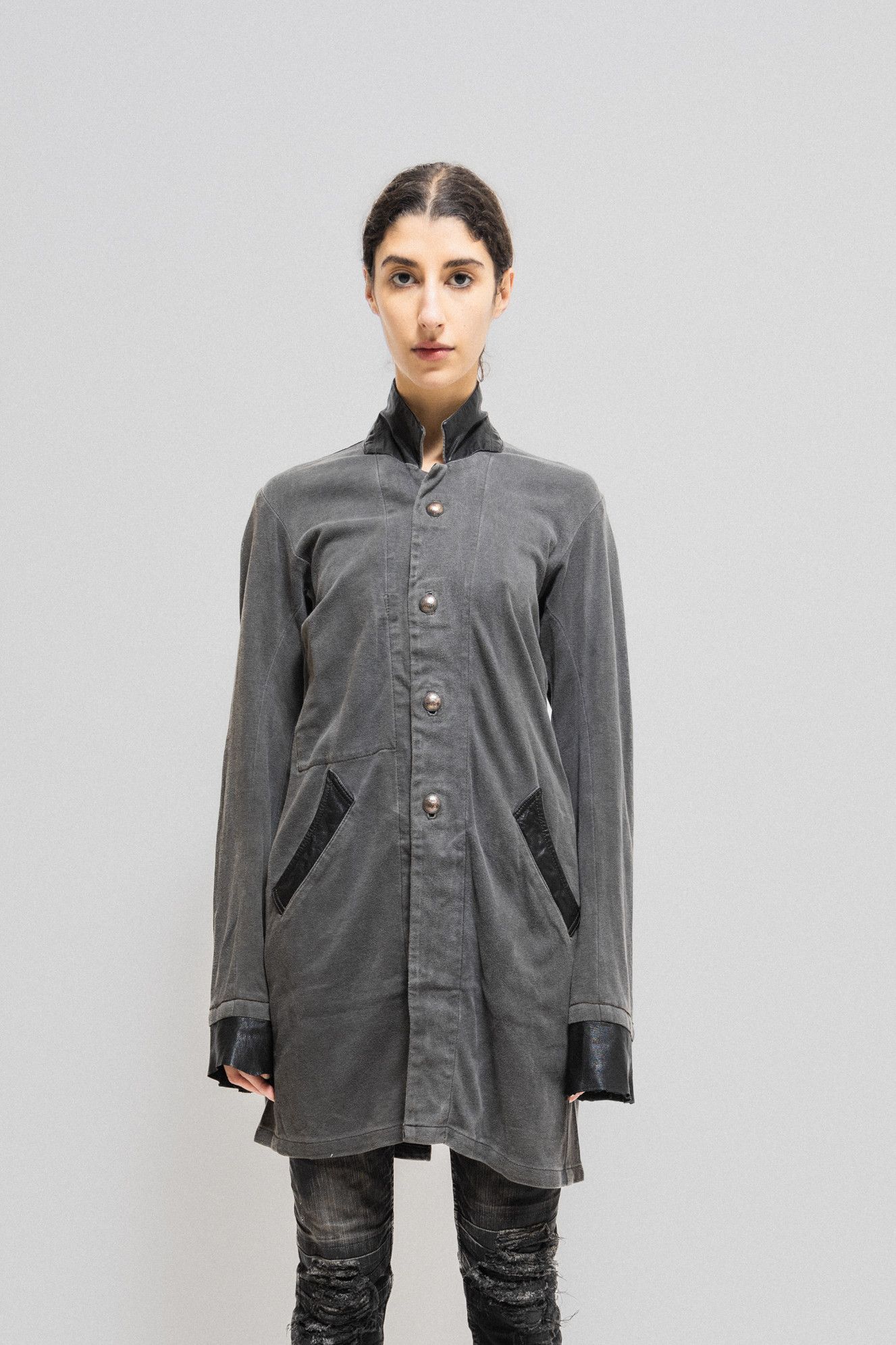 14th Addiction Long cotton jacket with engraved buttons and leather ...