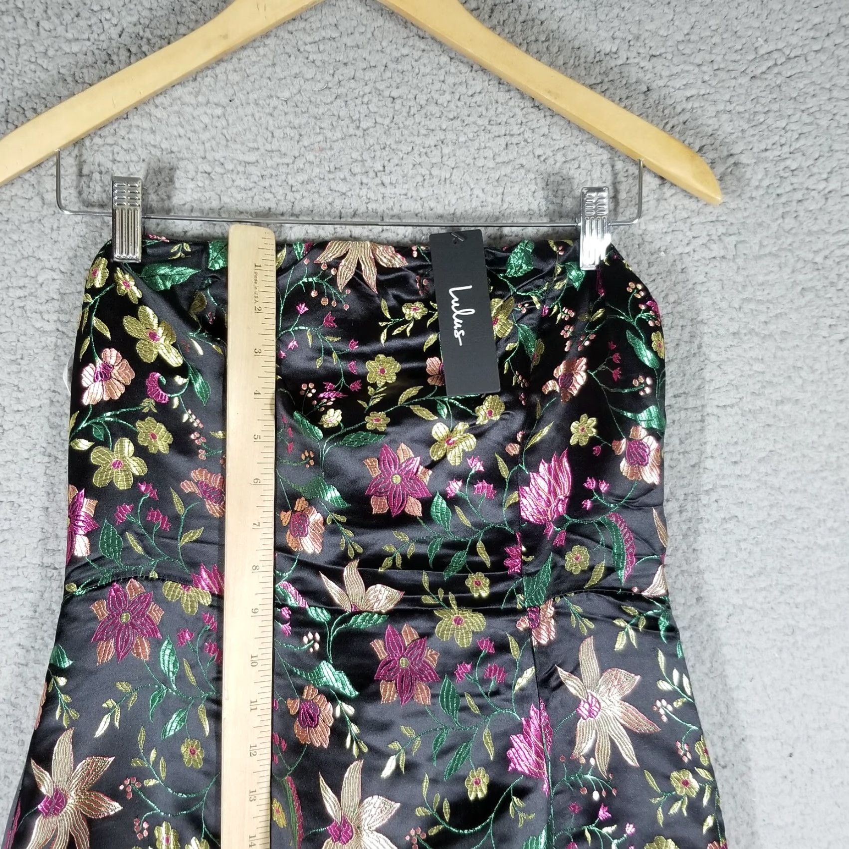 Lulus Make a Move Black Satin Floral Jacquard Strapless Midi Dress NWT Medium