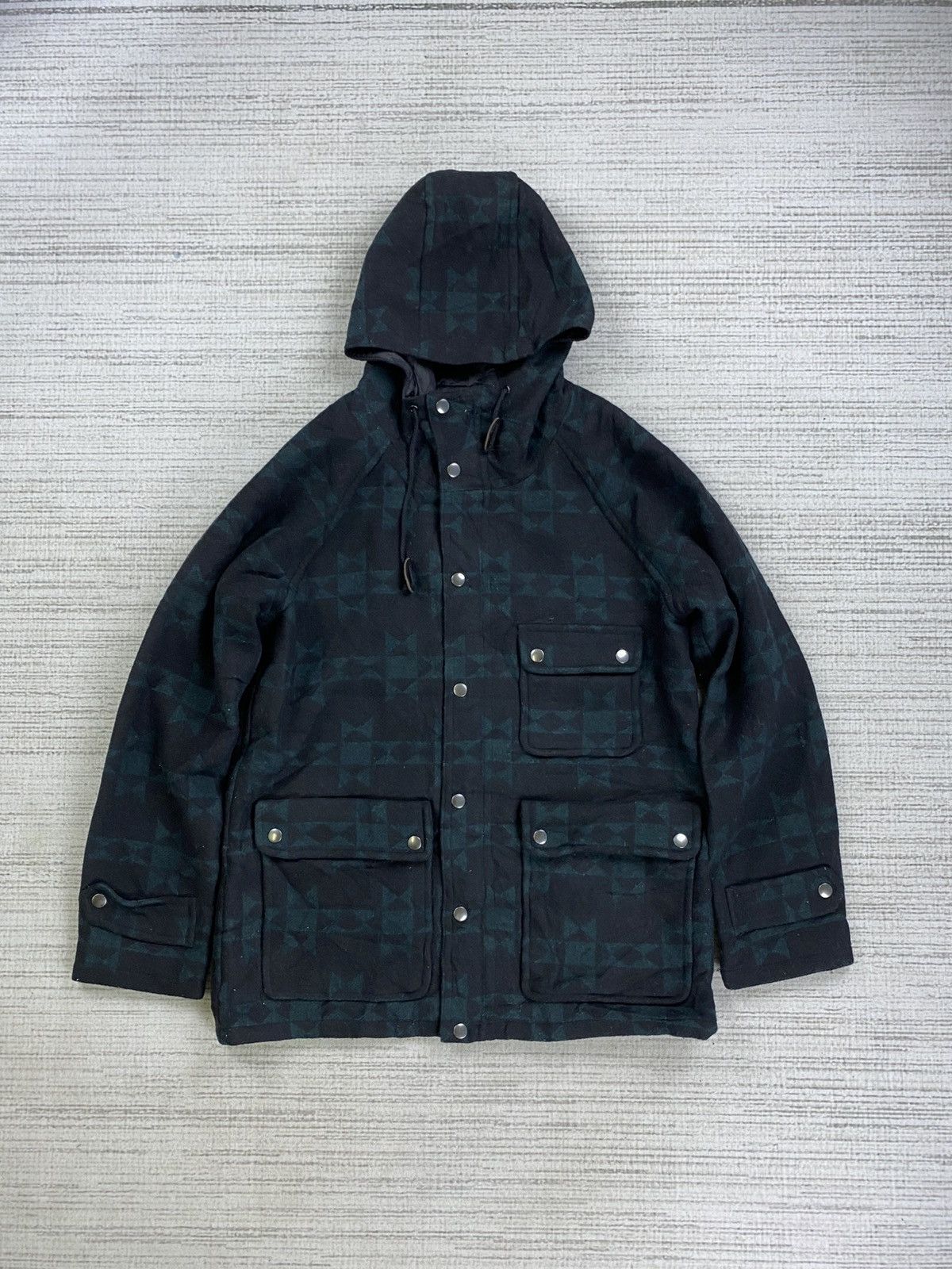 Pre-owned If Six Was Nine X Vintage Back Number Navajo Desigm Wool Hoodie Jacket In Navy/green