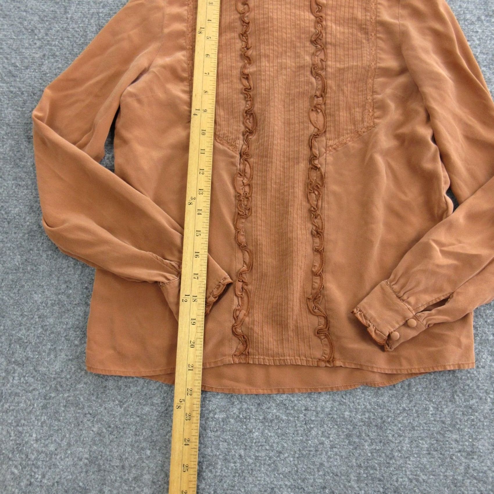 Vintage Sézane Blouse Womens 34 Orange Silk High Neck Ruffle Pleated Long Sleeve Top Size XXS / US 00 / IT 34 - 3 Thumbnail
